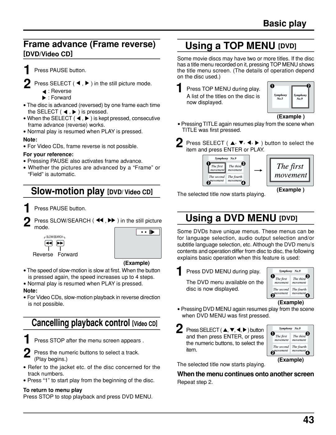 Panasonic TC 15LV1 manual Slow-motion play DVD/ Video CD, Using a TOP Menu DVD, Using a DVD Menu DVD 