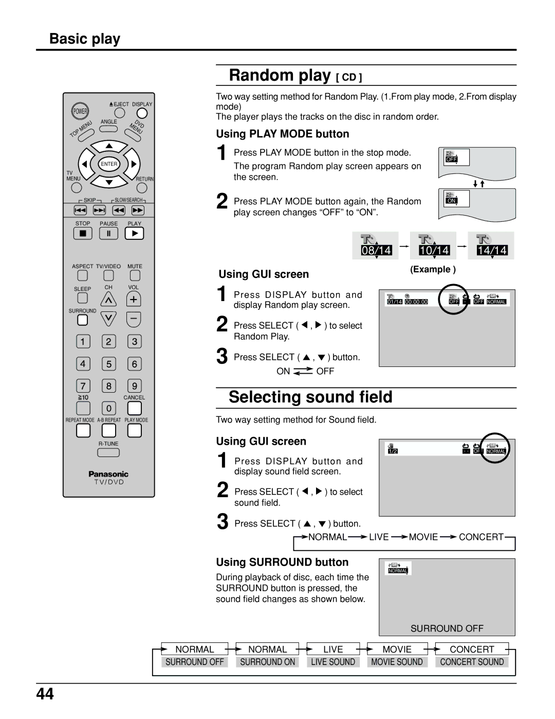 Panasonic TC 15LV1 Random play CD, Selecting sound field, Using Play Mode button, Using GUI screen, Using Surround button 