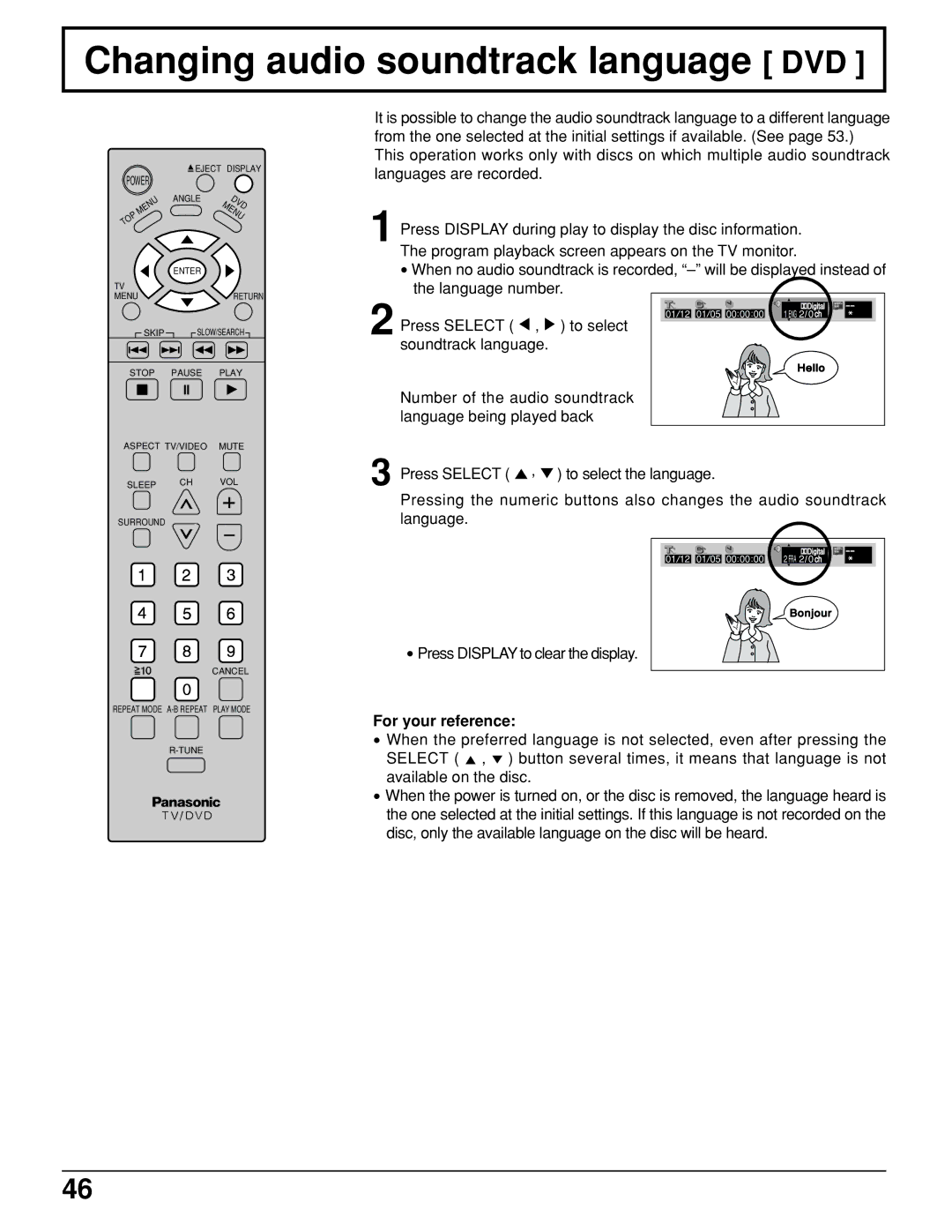 Panasonic TC 15LV1 manual Changing audio soundtrack language DVD 