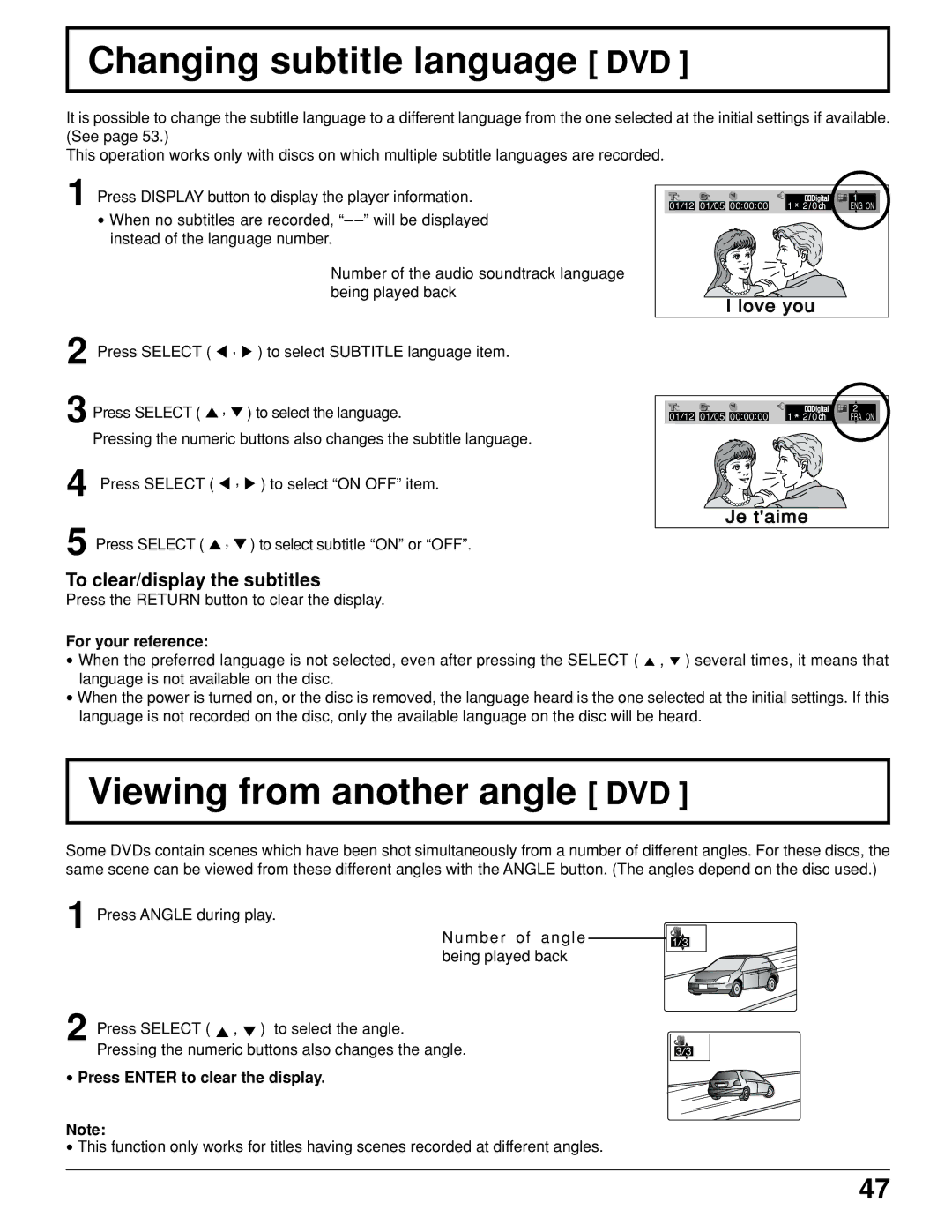 Panasonic TC 15LV1 manual Changing subtitle language DVD, Viewing from another angle DVD, To clear/display the subtitles 