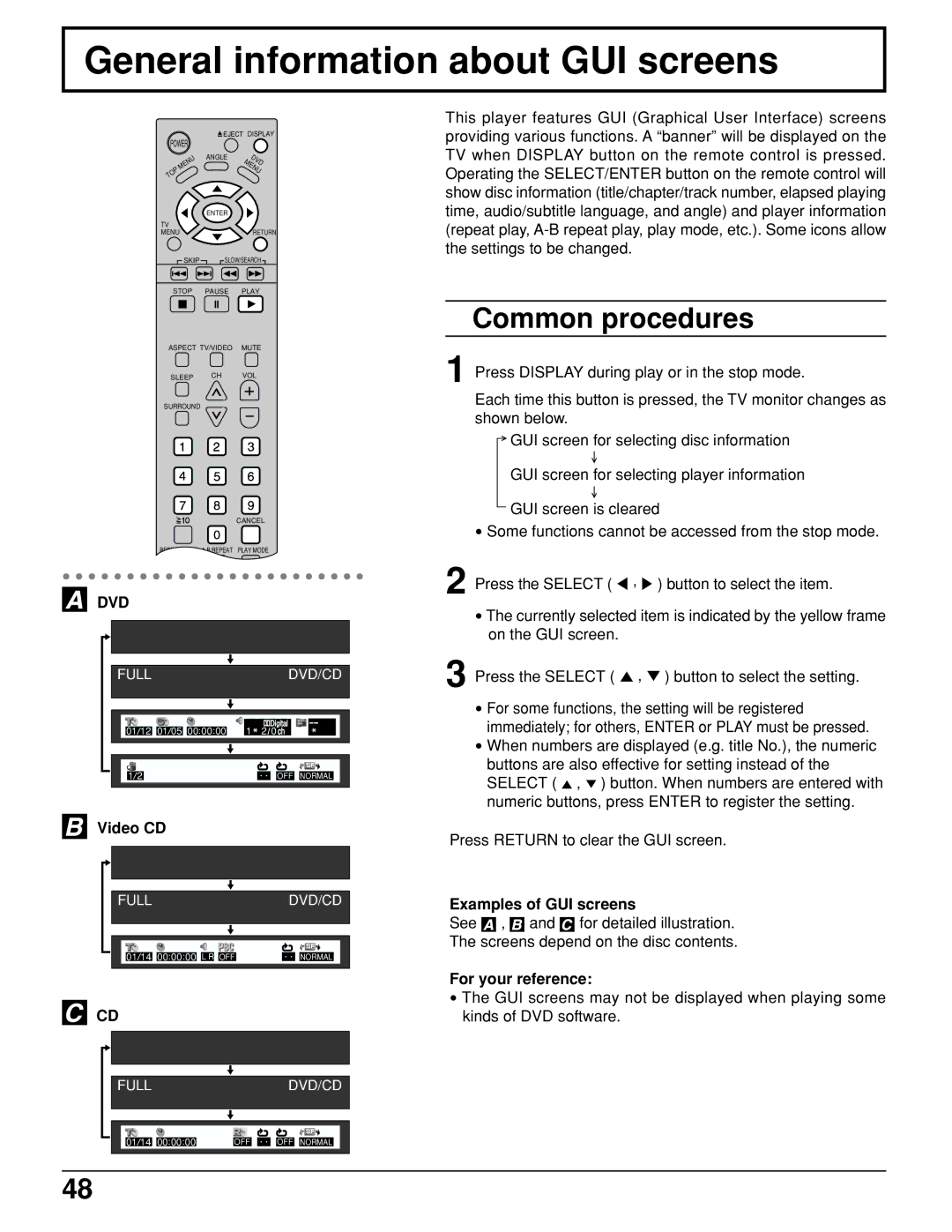 Panasonic TC 15LV1 manual General information about GUI screens, Common procedures, Examples of GUI screens 