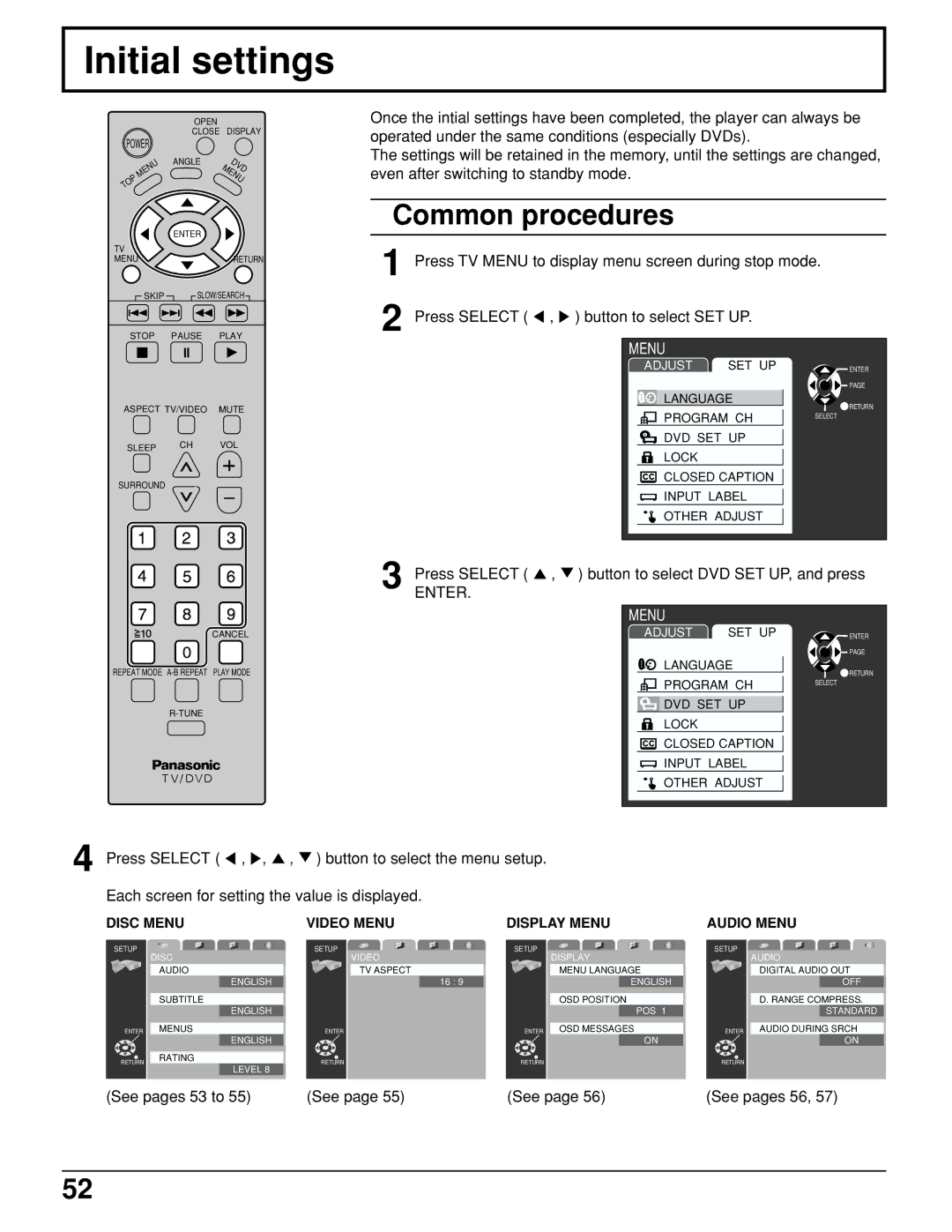 Panasonic TC 15LV1 manual Initial settings, Disc Menu Video Menu Display Menu Audio Menu 