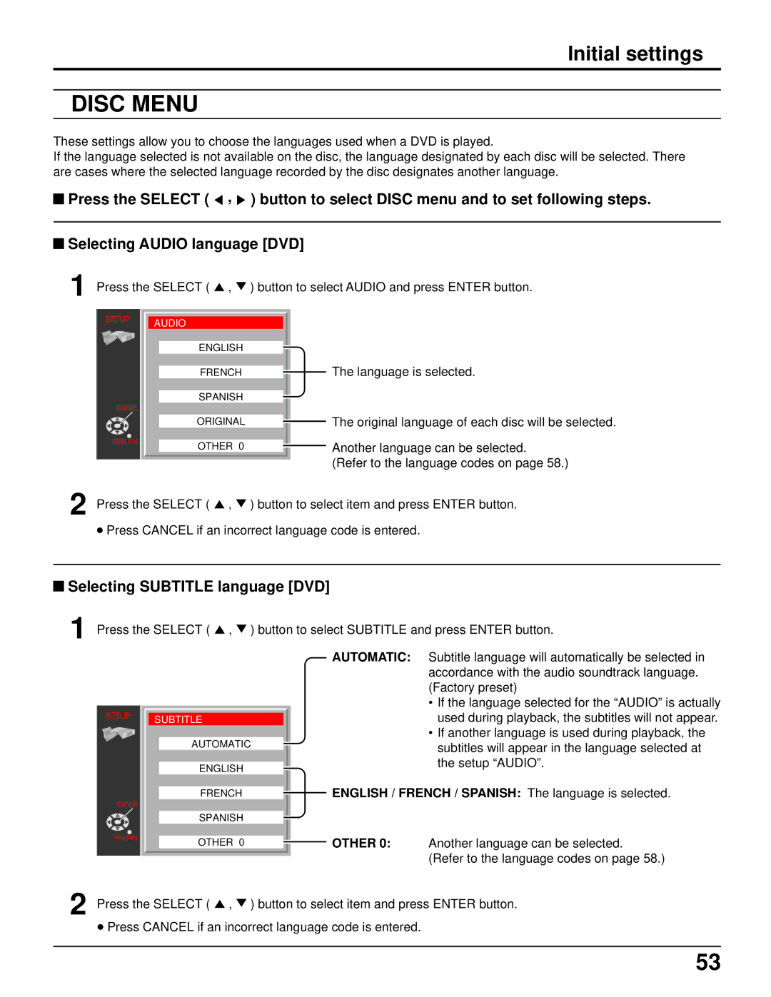 Panasonic TC 15LV1 Initial settings, Selecting Subtitle language DVD, English / French / Spanish The language is selected 