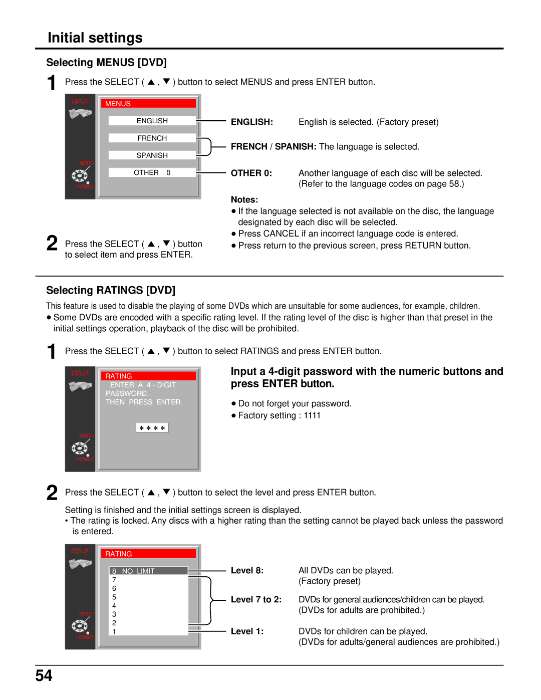 Panasonic TC 15LV1 manual Selecting Menus DVD, Selecting Ratings DVD 