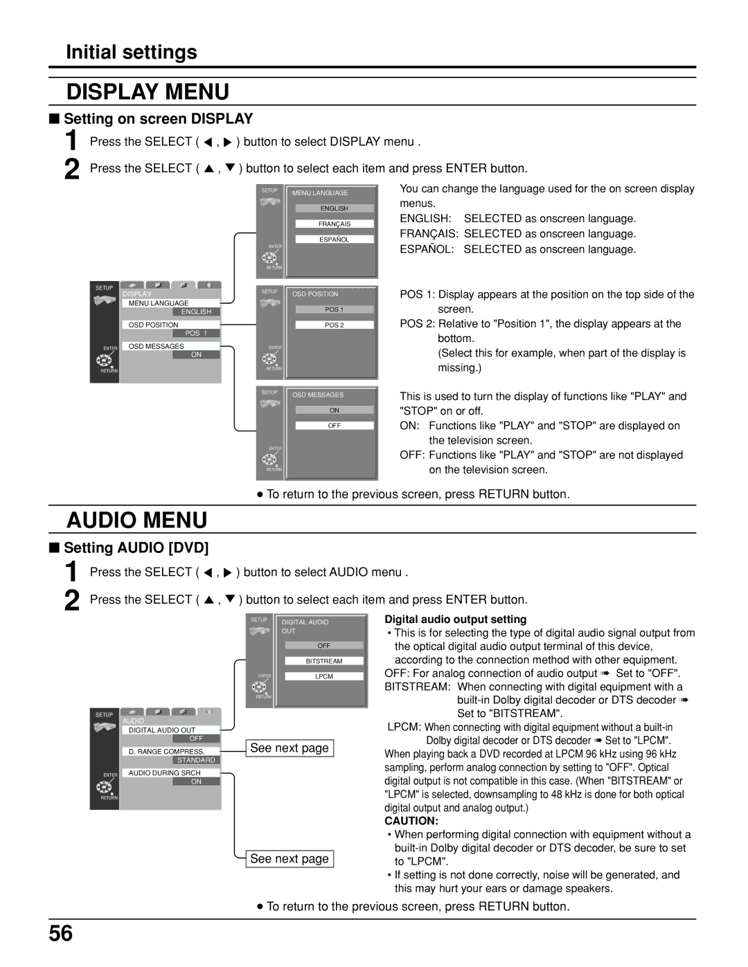 Panasonic TC 15LV1 manual Setting on screen Display, Setting Audio DVD 