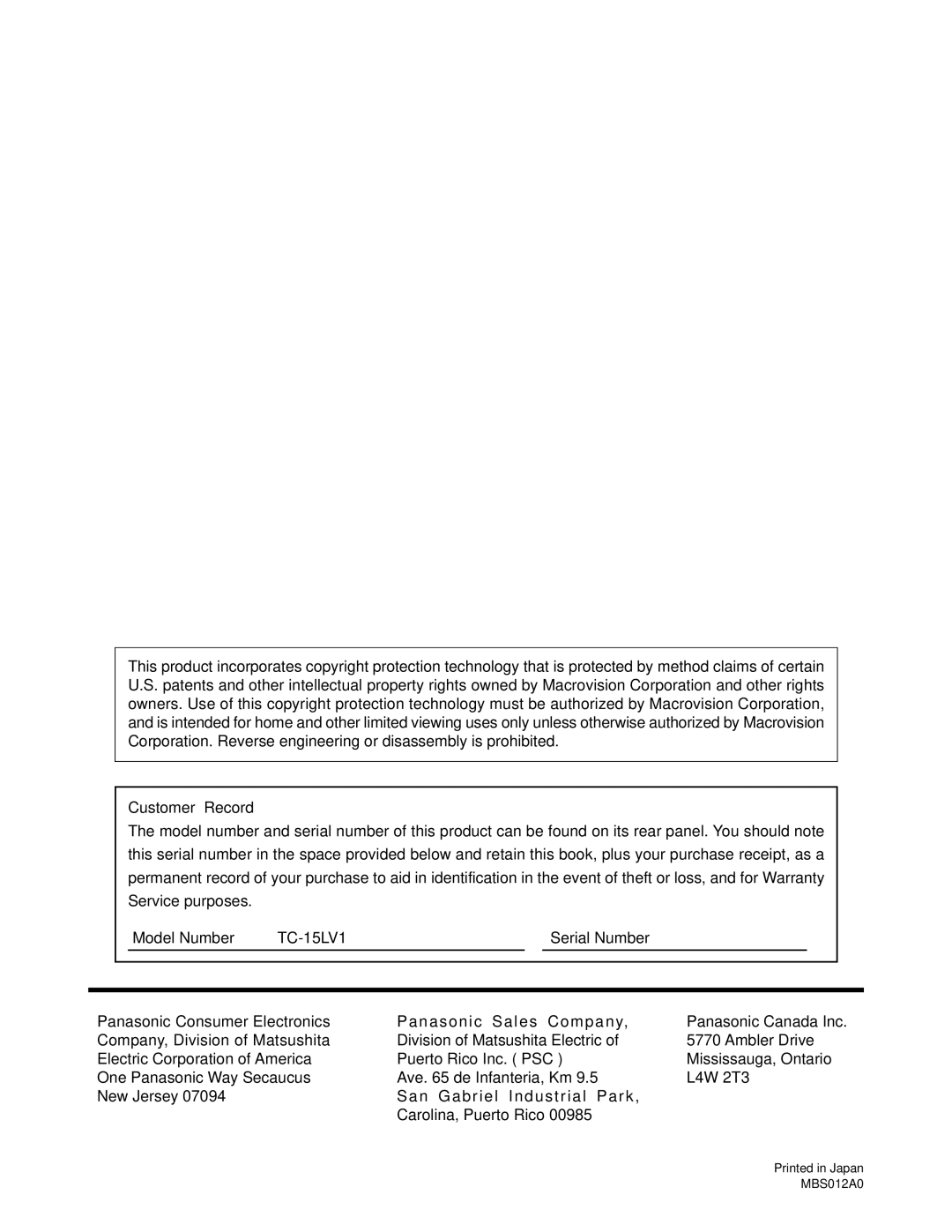 Panasonic TC 15LV1 manual Customer’ Record, Electric Corporation of America Puerto Rico Inc. PSC 