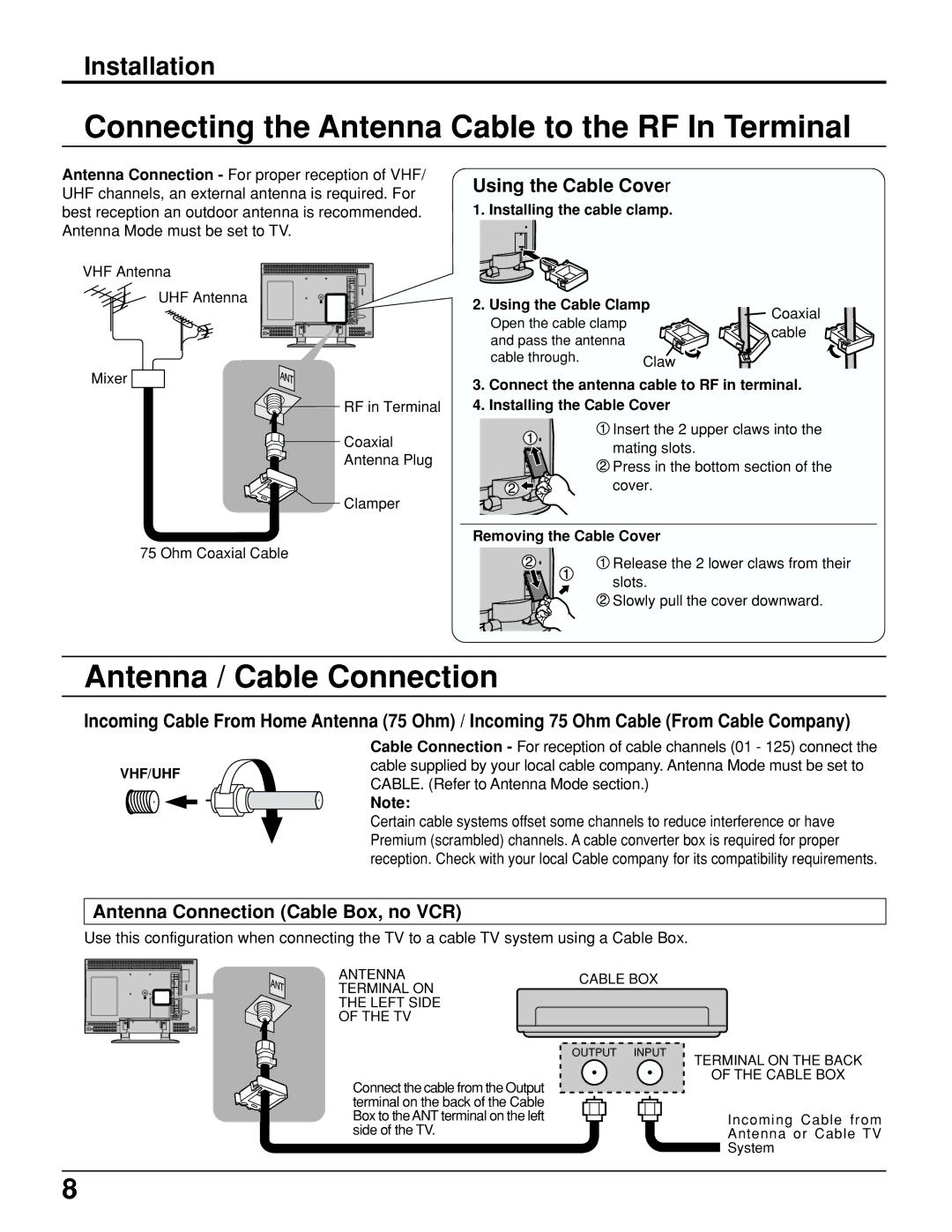 Panasonic TC 15LV1 Connecting the Antenna Cable to the RF In Terminal, Antenna / Cable Connection, Using the Cable Cover 