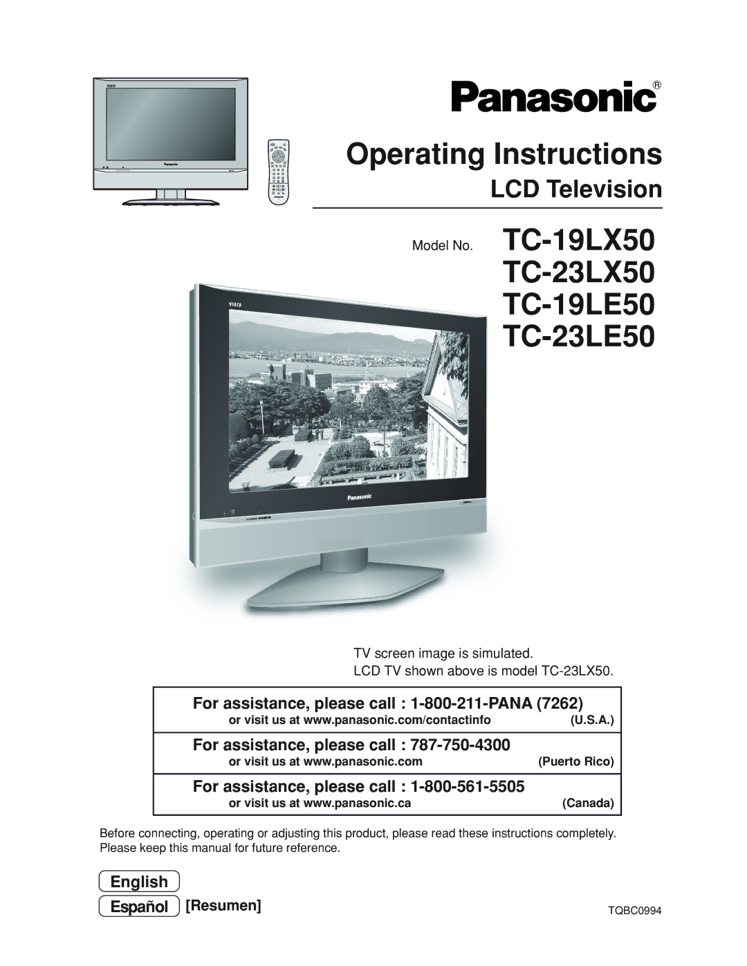 Panasonic TC 19LX50 manual Operating Instructions, TC-23LX50 TC-19LE50 TC-23LE50, LCD Television, Canada 