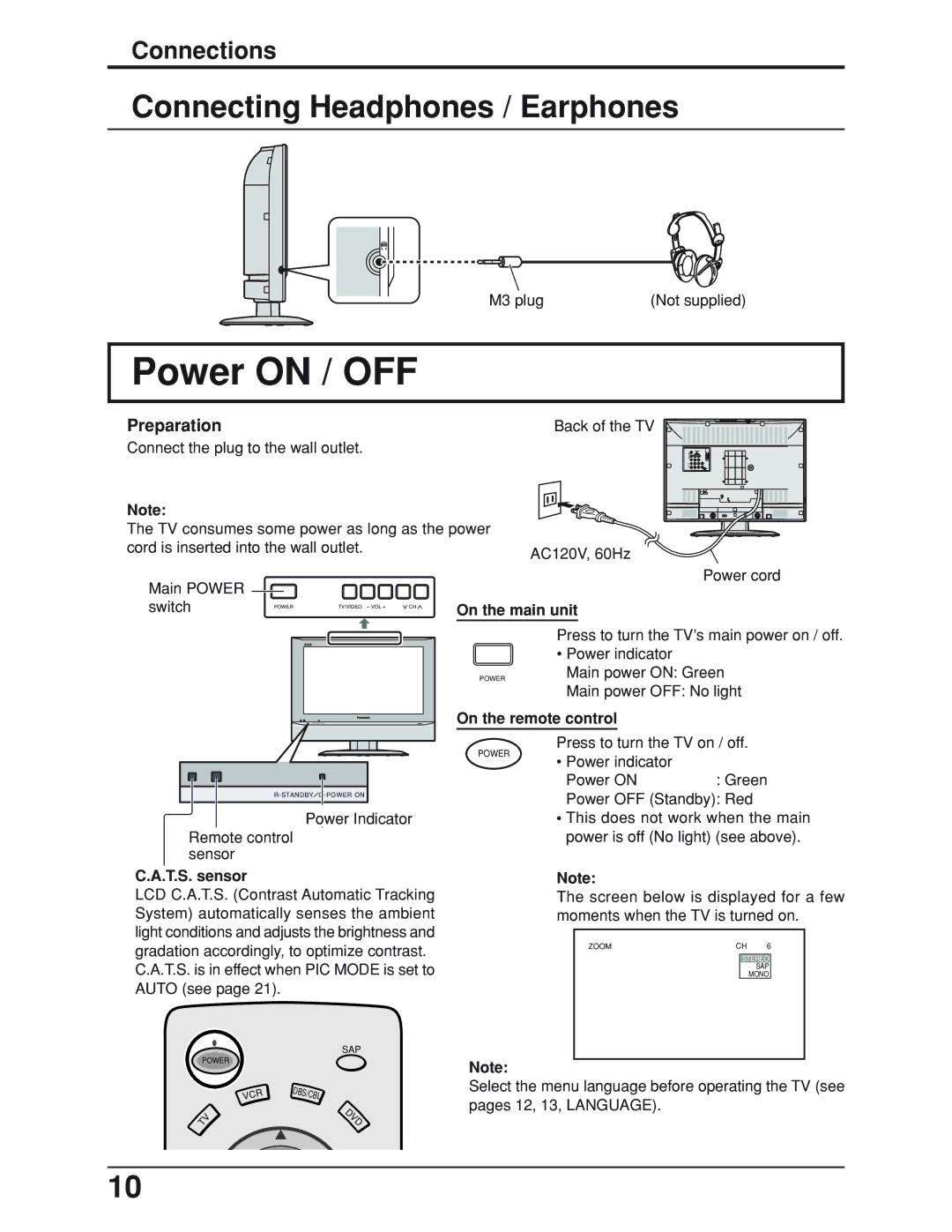 Panasonic TC-19LE50, TC 19LX50 Power on / OFF, Connecting Headphones / Earphones, On the main unit, On the remote control 