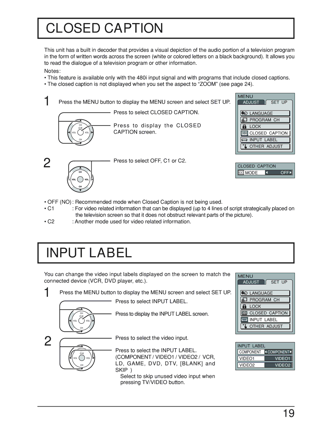 Panasonic TC 19LX50, TC-19LE50 manual Closed Caption, Input Label, Press to display the Closed, Caption screen 