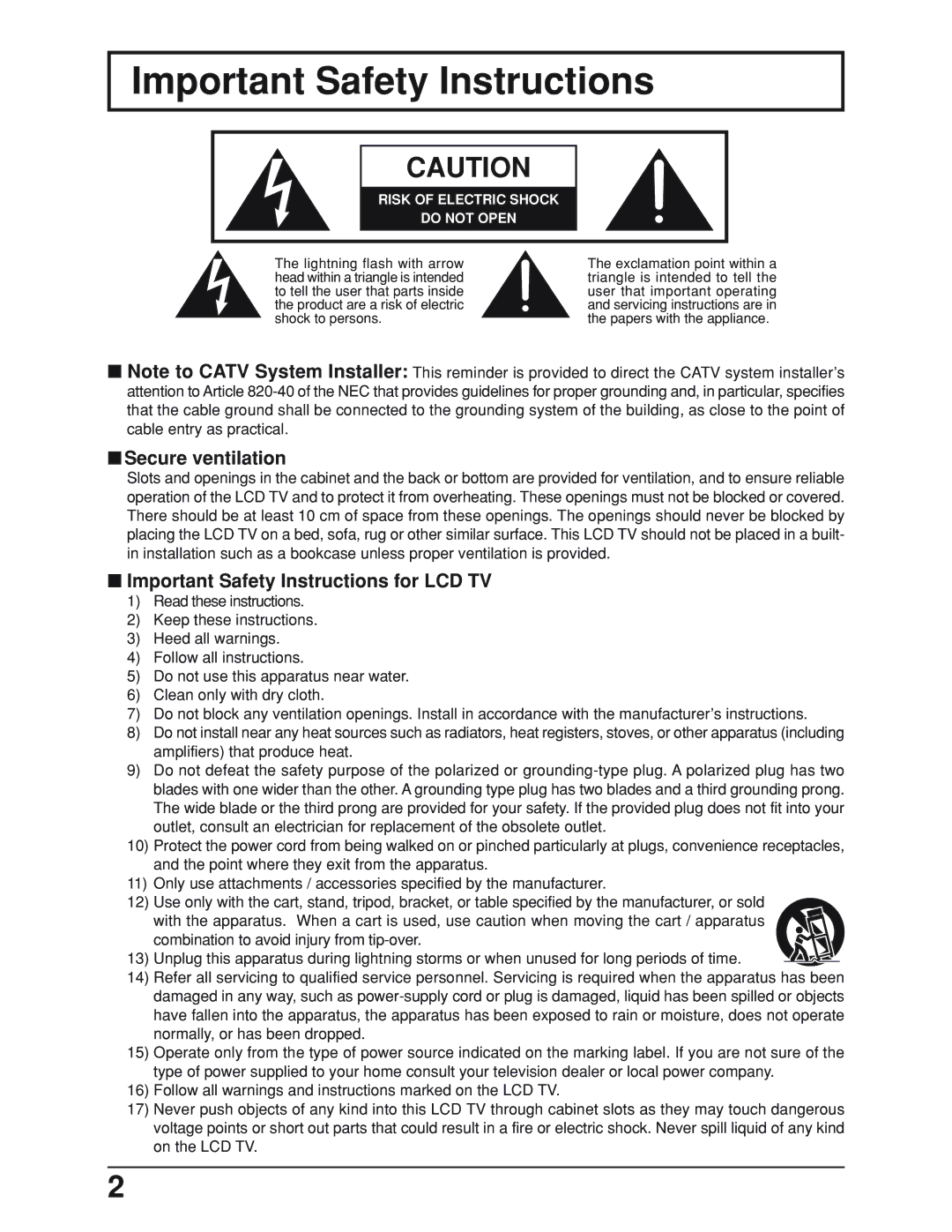 Panasonic TC-19LE50, TC 19LX50 manual Secure ventilation, Important Safety Instructions for LCD TV 