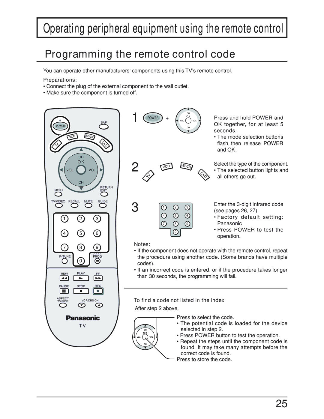 Panasonic TC 19LX50, TC-19LE50 manual Programming the remote control code 