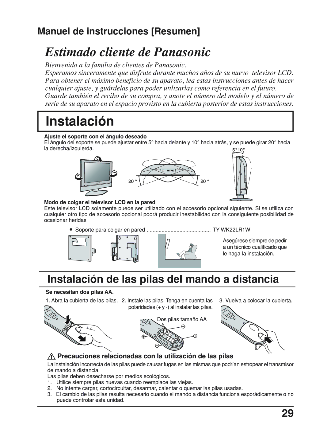 Panasonic TC 19LX50, TC-19LE50 manual Instalación de las pilas del mando a distancia 