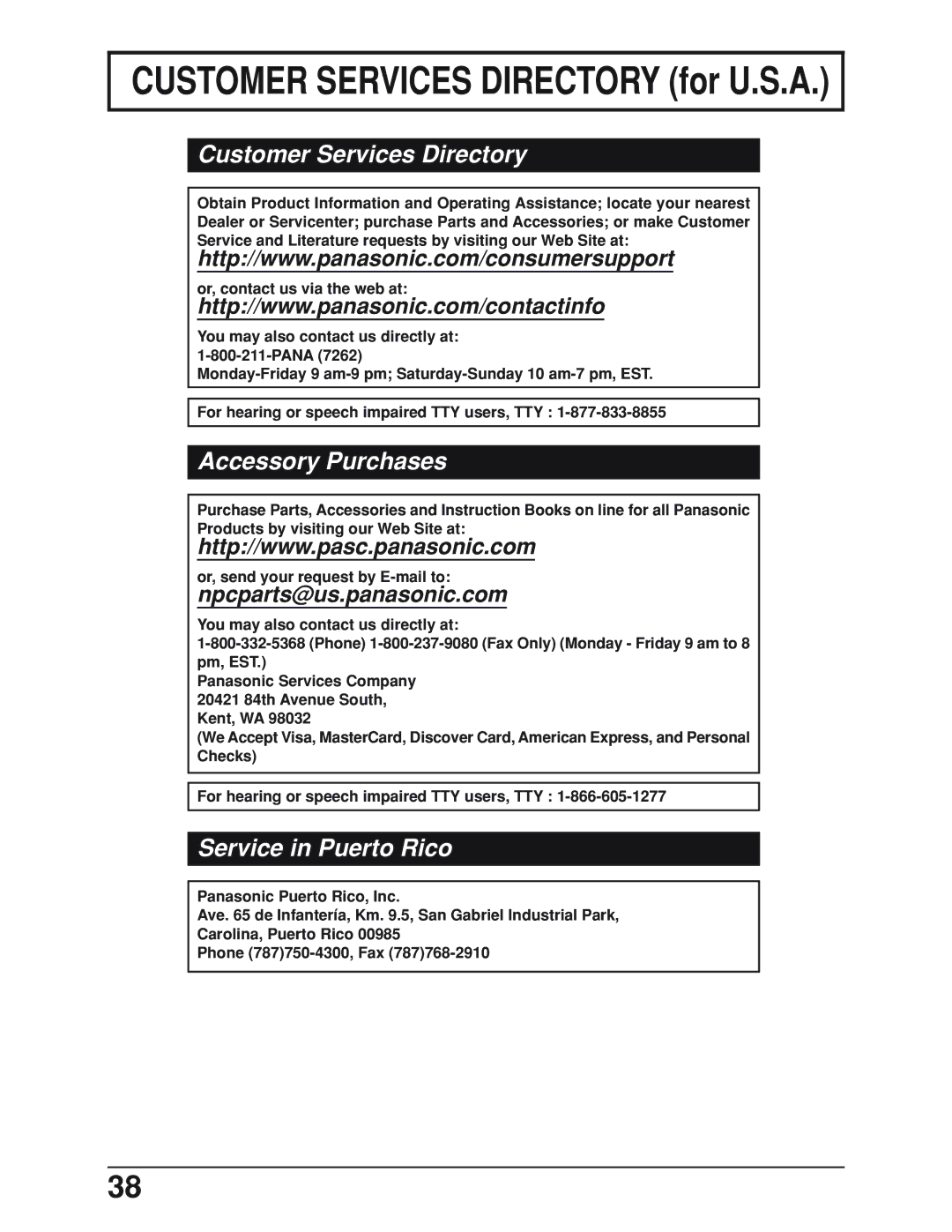 Panasonic TC-19LE50, TC 19LX50 manual Customer Services Directory for U.S.A 