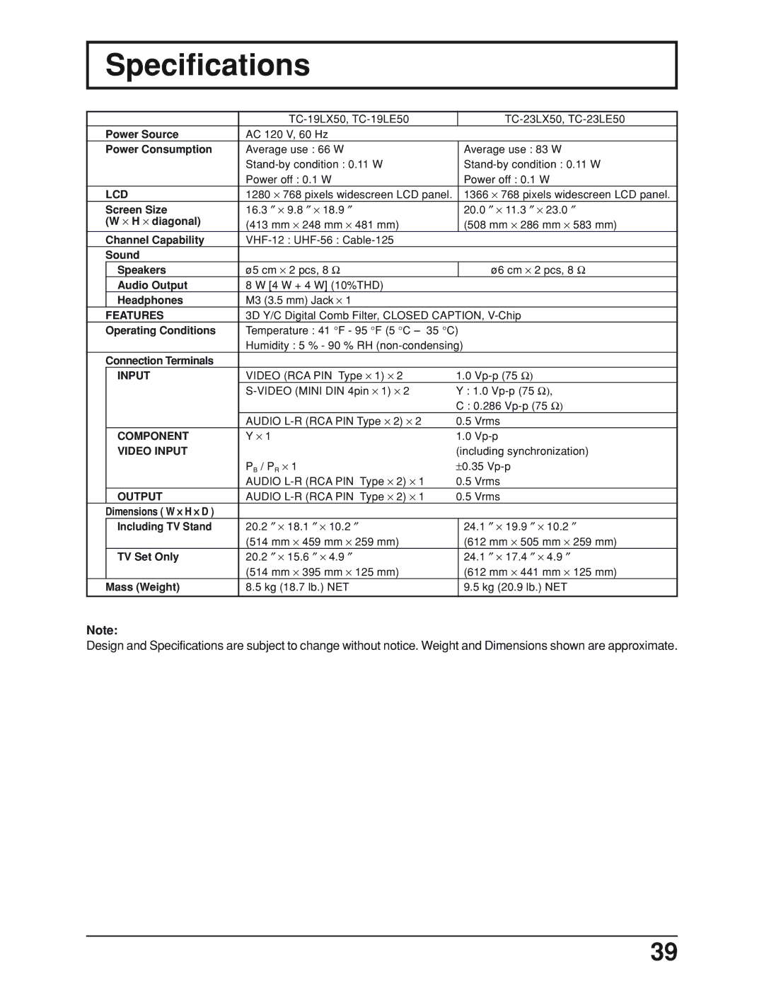 Panasonic TC 19LX50, TC-19LE50 manual Specifications, Lcd 