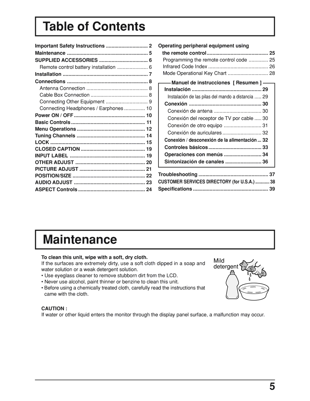 Panasonic TC 19LX50, TC-19LE50 manual Table of Contents, Maintenance 