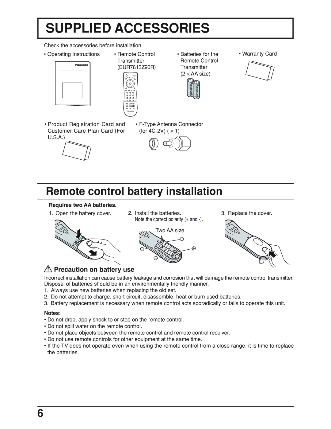 Panasonic TC-19LE50, TC 19LX50 manual Supplied Accessories, Remote control battery installation, Precaution on battery use 
