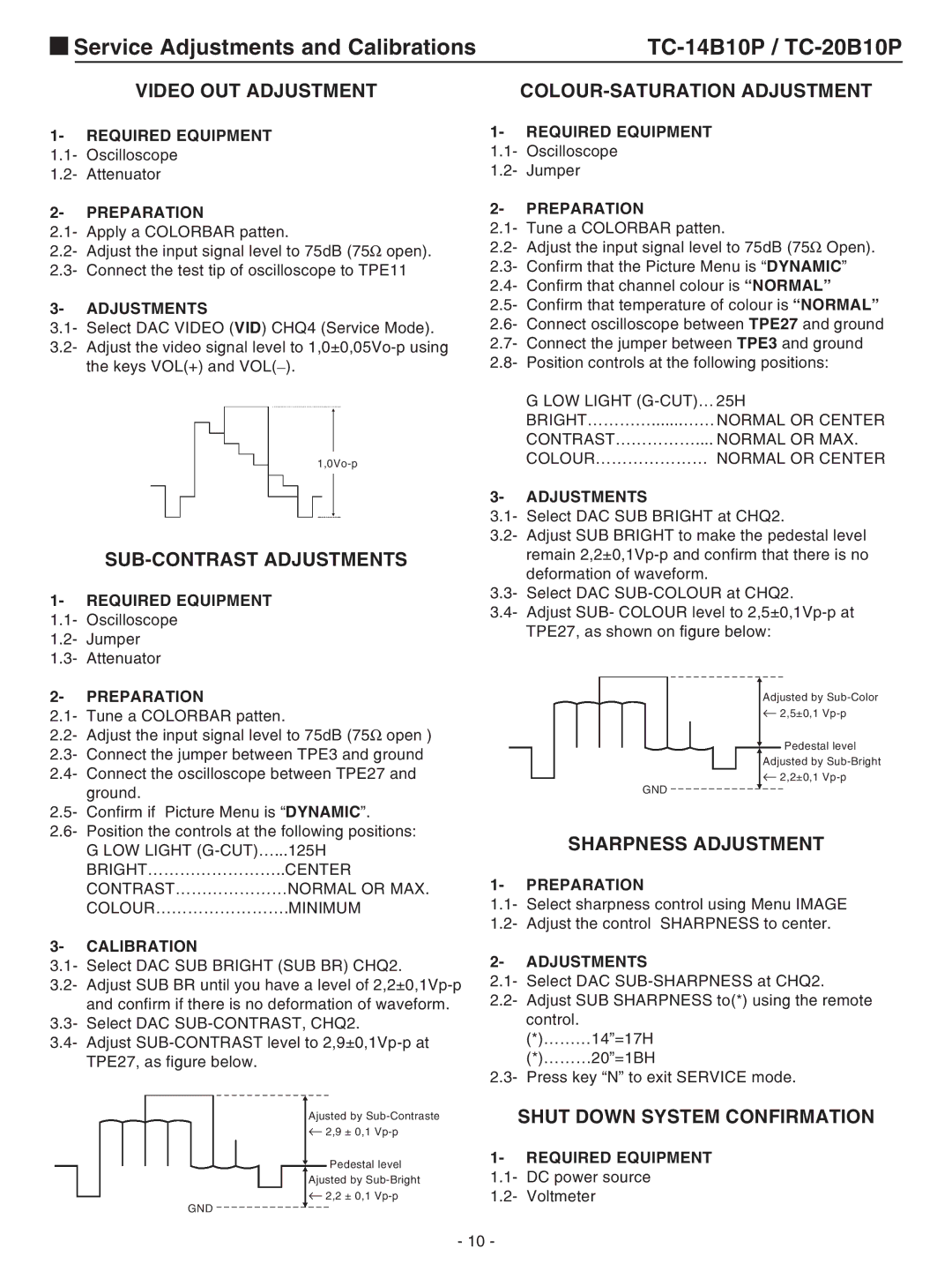 Panasonic TC-20B10P Video OUT Adjustment, SUB-CONTRAST Adjustments, COLOUR-SATURATION Adjustment, Sharpness Adjustment 