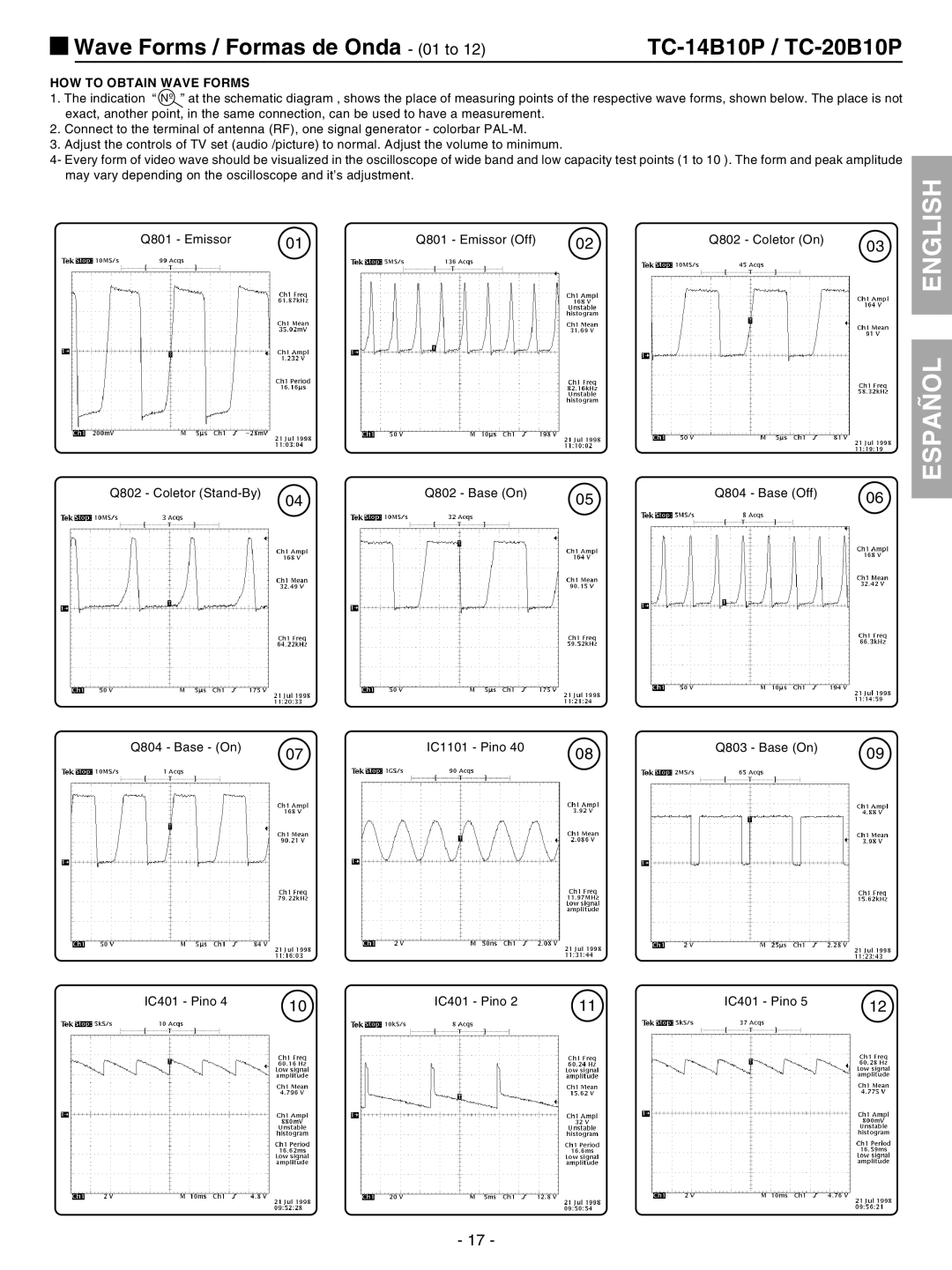 Panasonic TC-20B10P service manual Wave Forms / Formas de Onda 01 to, HOW to Obtain Wave Forms 