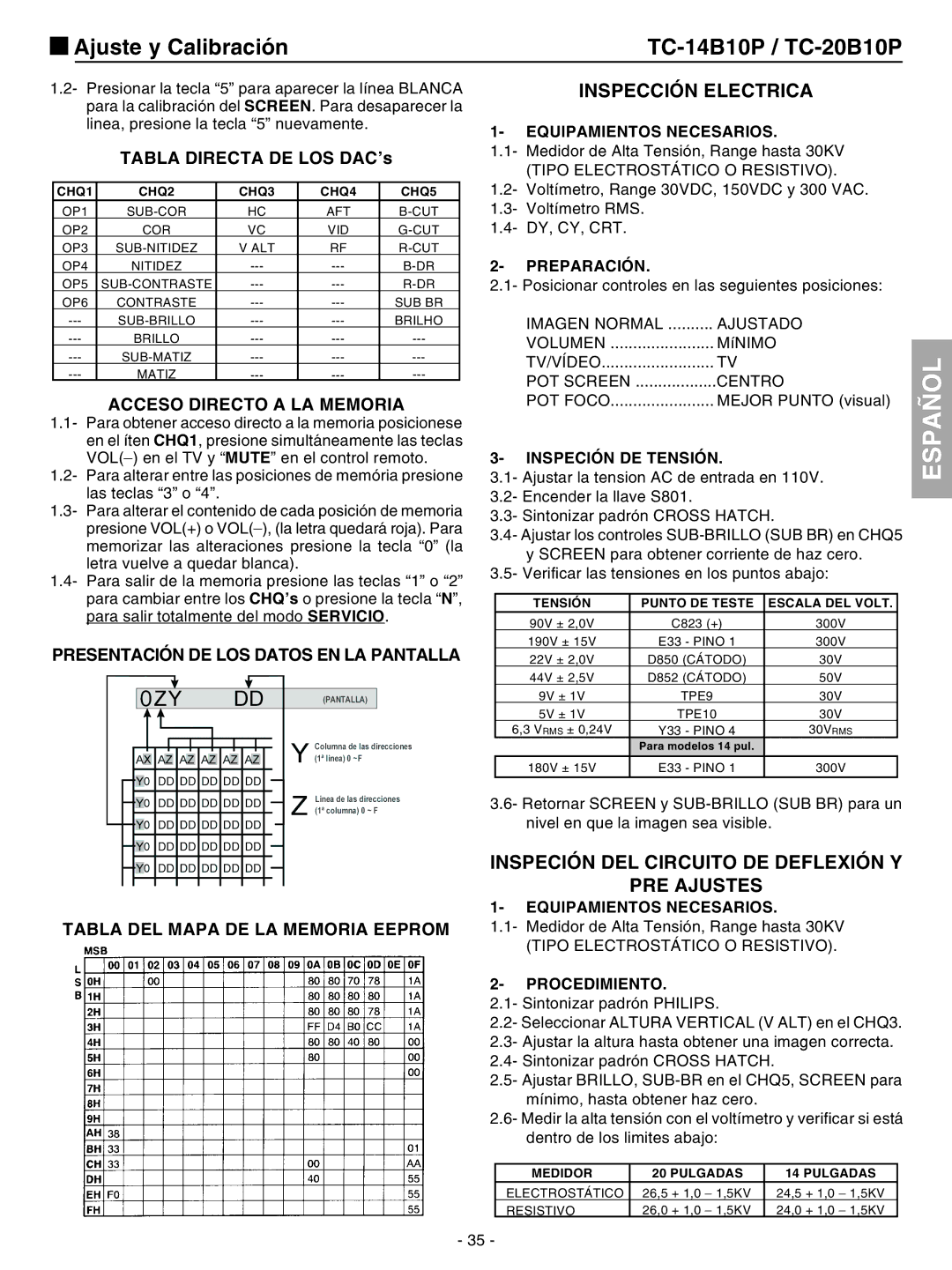 Panasonic TC-20B10P service manual Inspección Electrica, Inspeción DEL Circuito DE Deflexión Y PRE Ajustes 