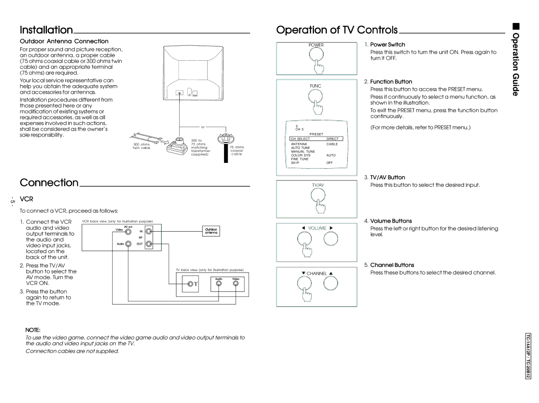 Panasonic TC-14A12P, TC-20B12 service manual Installation Operation of TV Controls, Outdoor Antenna Connection 