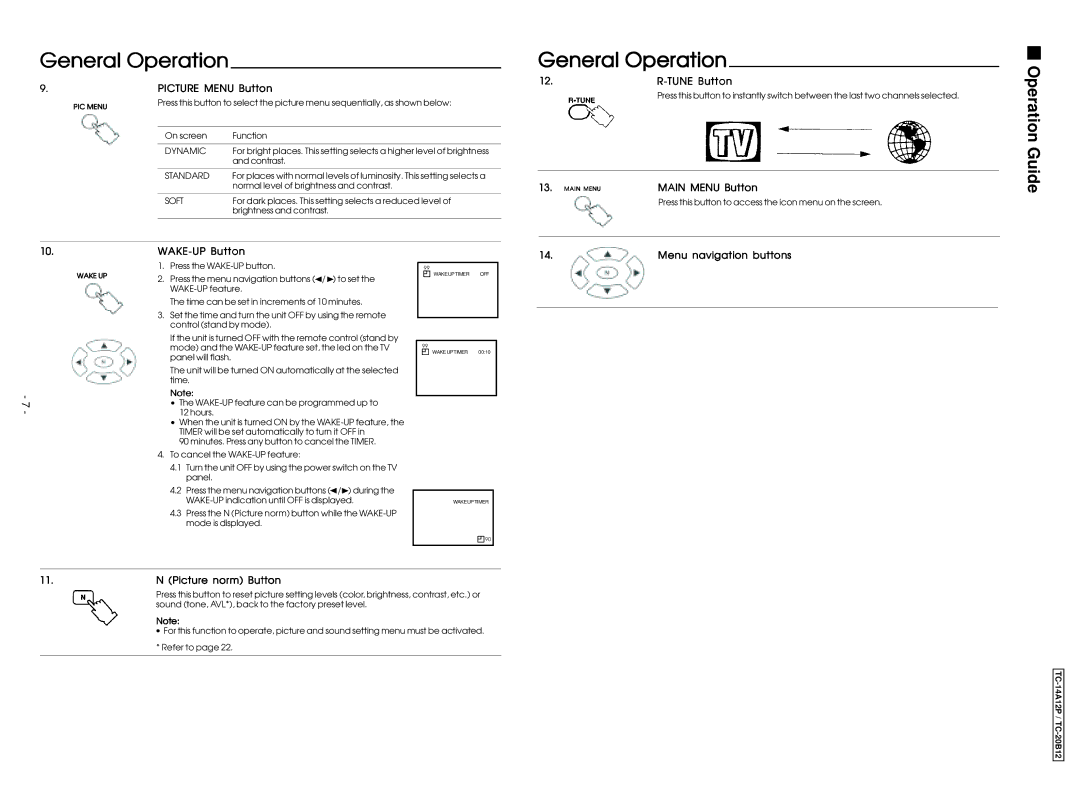 Panasonic TC-14A12P, TC-20B12 service manual Picture Menu Button, Tune Button, Main Menu Button, WAKE-UP Button 