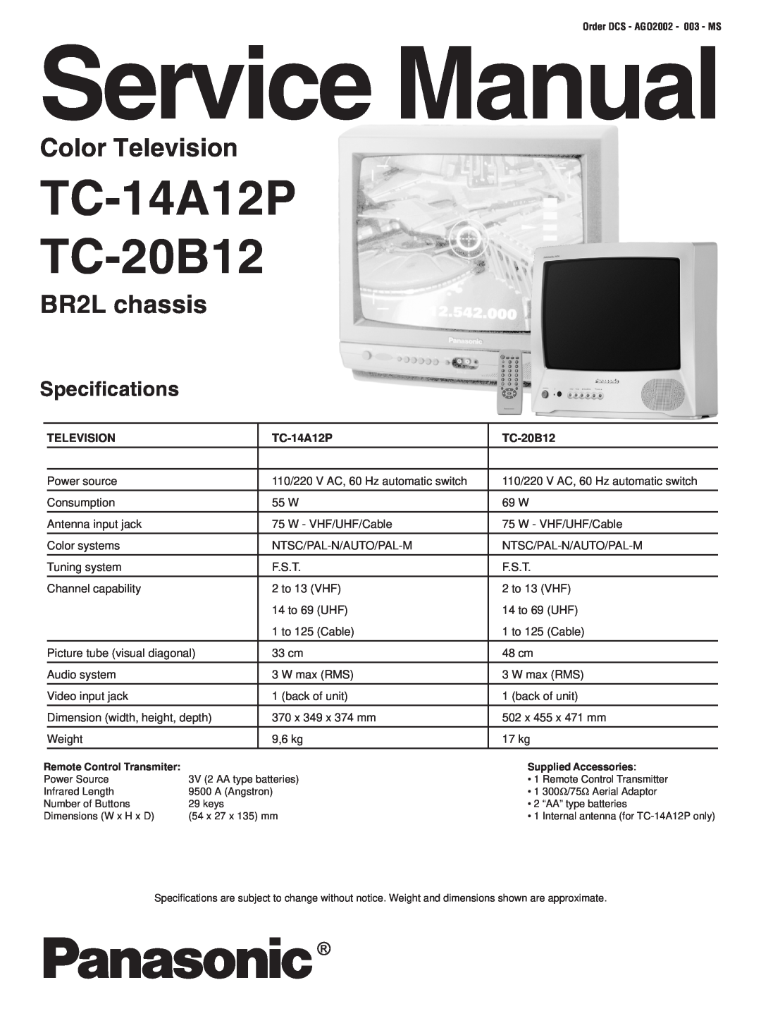 Panasonic service manual TC-14A12P TC-20B12, Color Television, BR2L chassis, Specifications 