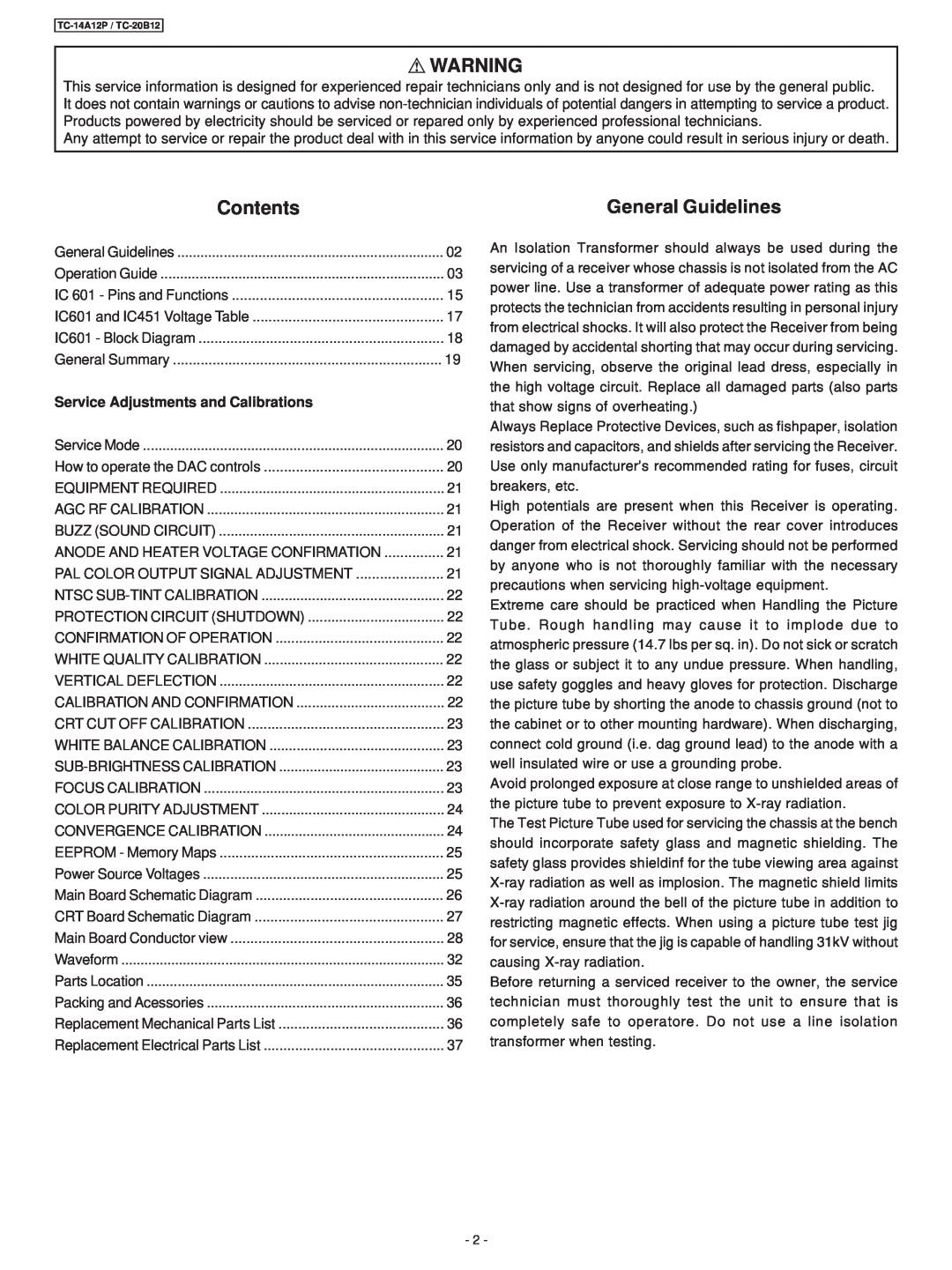 Panasonic TC-20B12, TC-14A12P service manual Contents, General Guidelines 