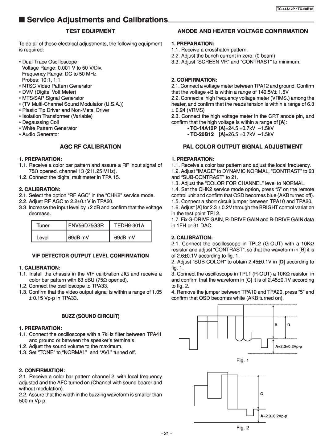 Panasonic TC-14A12P, TC-20B12 service manual Test Equipment, Anode And Heater Voltage Confirmation, Agc Rf Calibration 