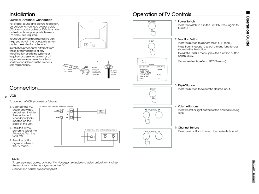 Panasonic TC-14A12P Installation, Operation of TV Controls, Operation Guide, Outdoor Antenna Connection, Power Switch 