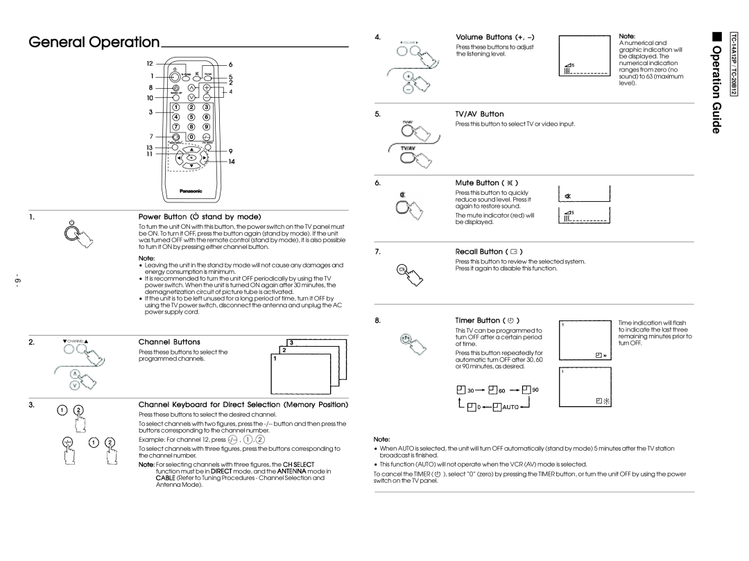Panasonic TC-20B12 General Operation, Guide, Power Button O stand by mode, Volume Buttons +, TV/AV Button, Mute Button 