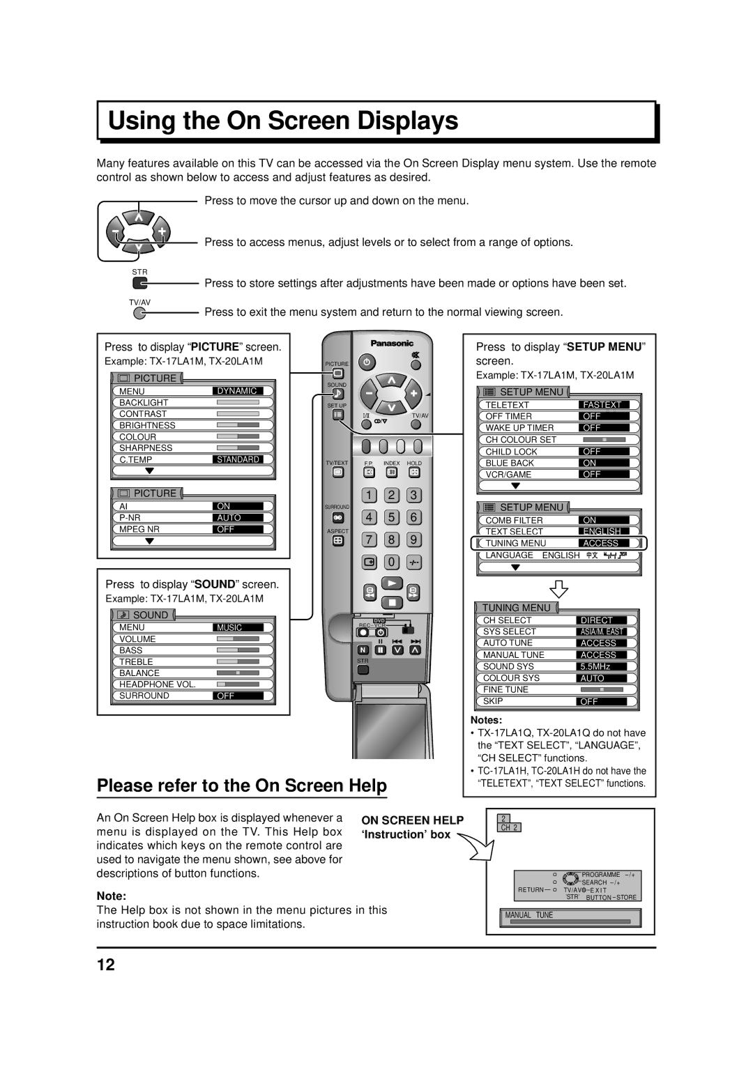 Panasonic TX-17LA1Z, TC-20LA1H Using the On Screen Displays, Press to display Picture screen Press to display Setup Menu 