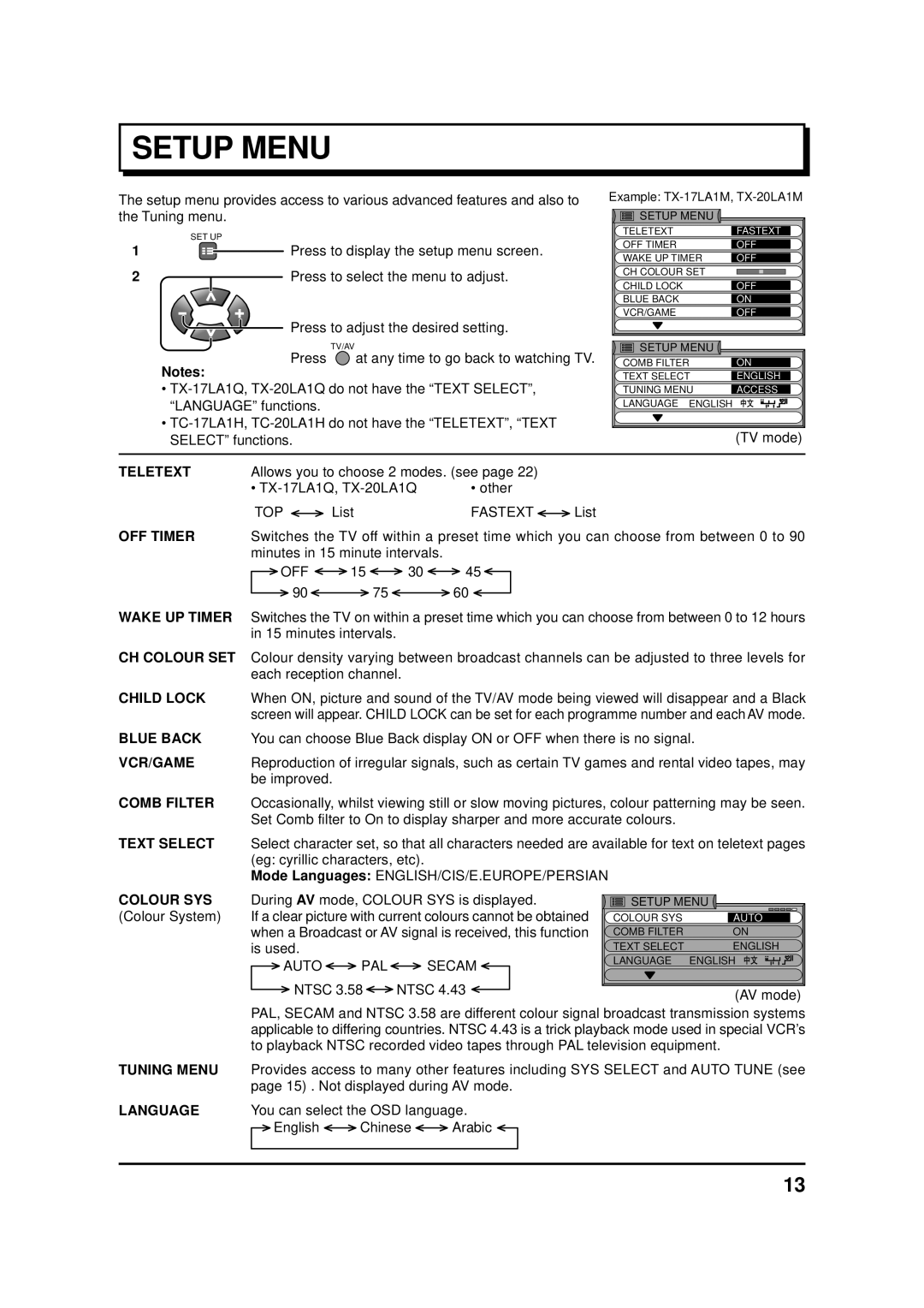 Panasonic TX-20LA1Z Tuning menu, Press to display the setup menu screen, Press to select the menu to adjust, List, Is used 