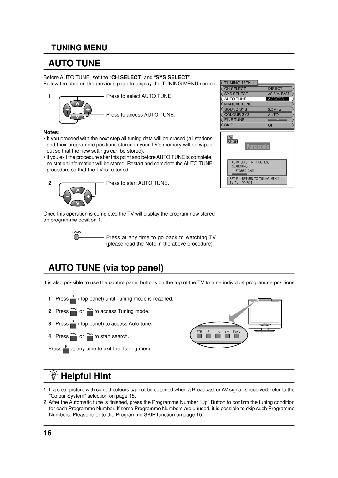 Panasonic TX-20LA1X, TC-20LA1H Auto Tune via top panel, Helpful Hint, Press to select Auto Tune, Press to start Auto Tune 