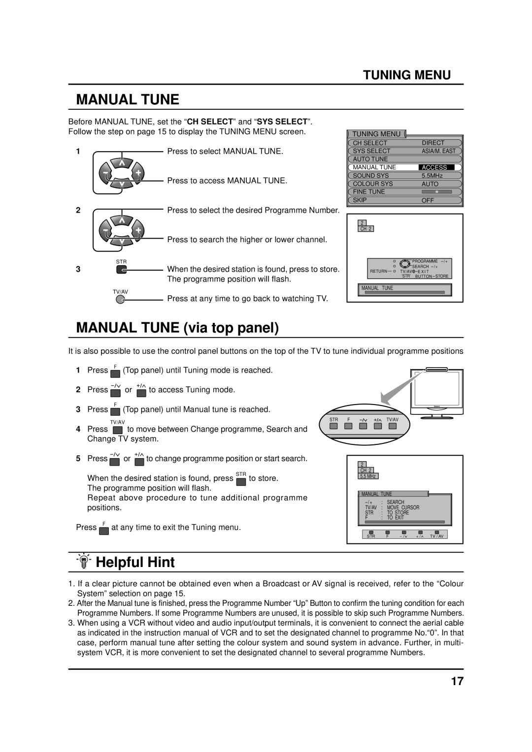 Panasonic TX-17LA1Q, TC-20LA1H manual Manual Tune via top panel, Press to select Manual Tune, Press to access Manual Tune 