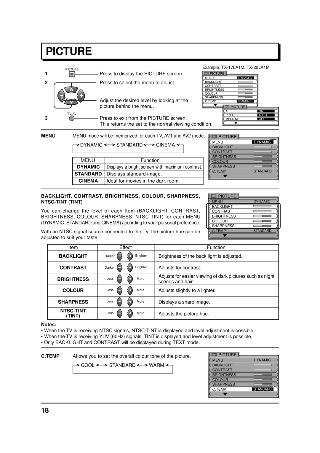 Panasonic TX-20LA1M, TC-20LA1H manual Menu, Dynamic, Standard, Backlight, Contrast, Brightness, Colour, Sharpness, Ntsc-Tint 