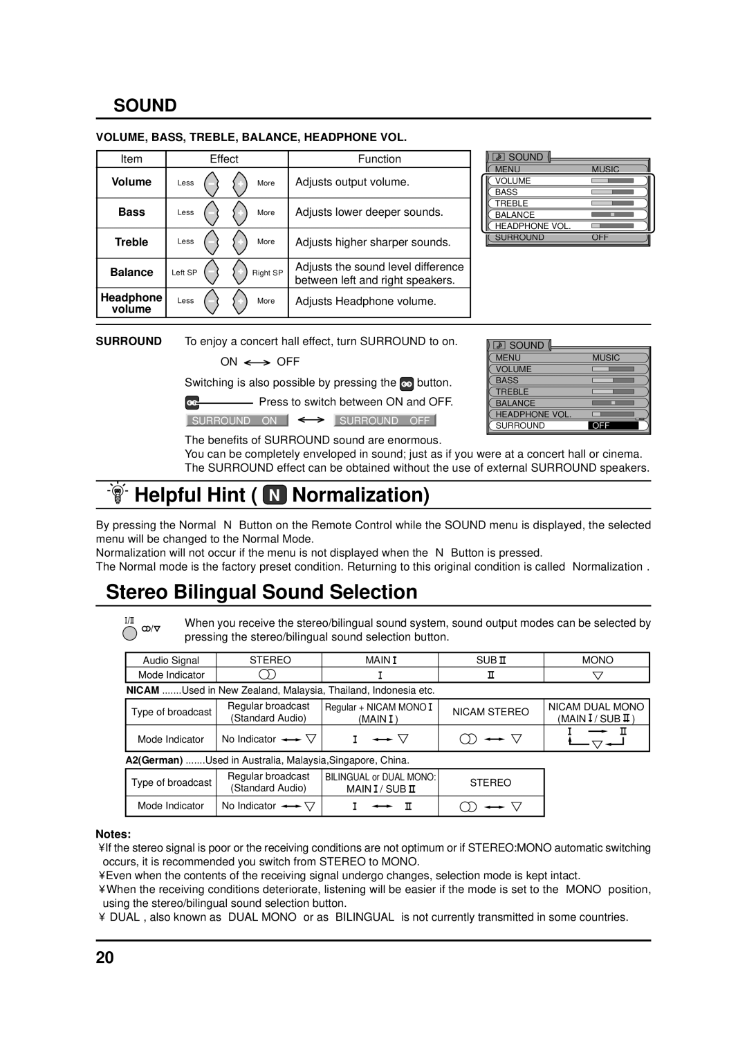 Panasonic TC-20LA1H, TC-17LA1H, TX-17LA1Z Stereo Bilingual Sound Selection, VOLUME, BASS, TREBLE, BALANCE, Headphone VOL 