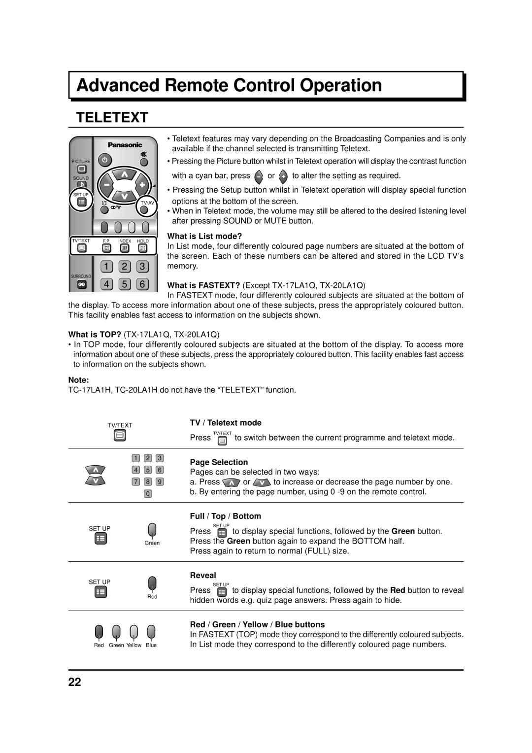 Panasonic TX-17LA1Z, TC-20LA1H, TC-17LA1H, TX-20LA1Z, TX-17LA1M, TX-17LA1X, TX-20LA1X manual Advanced Remote Control Operation 