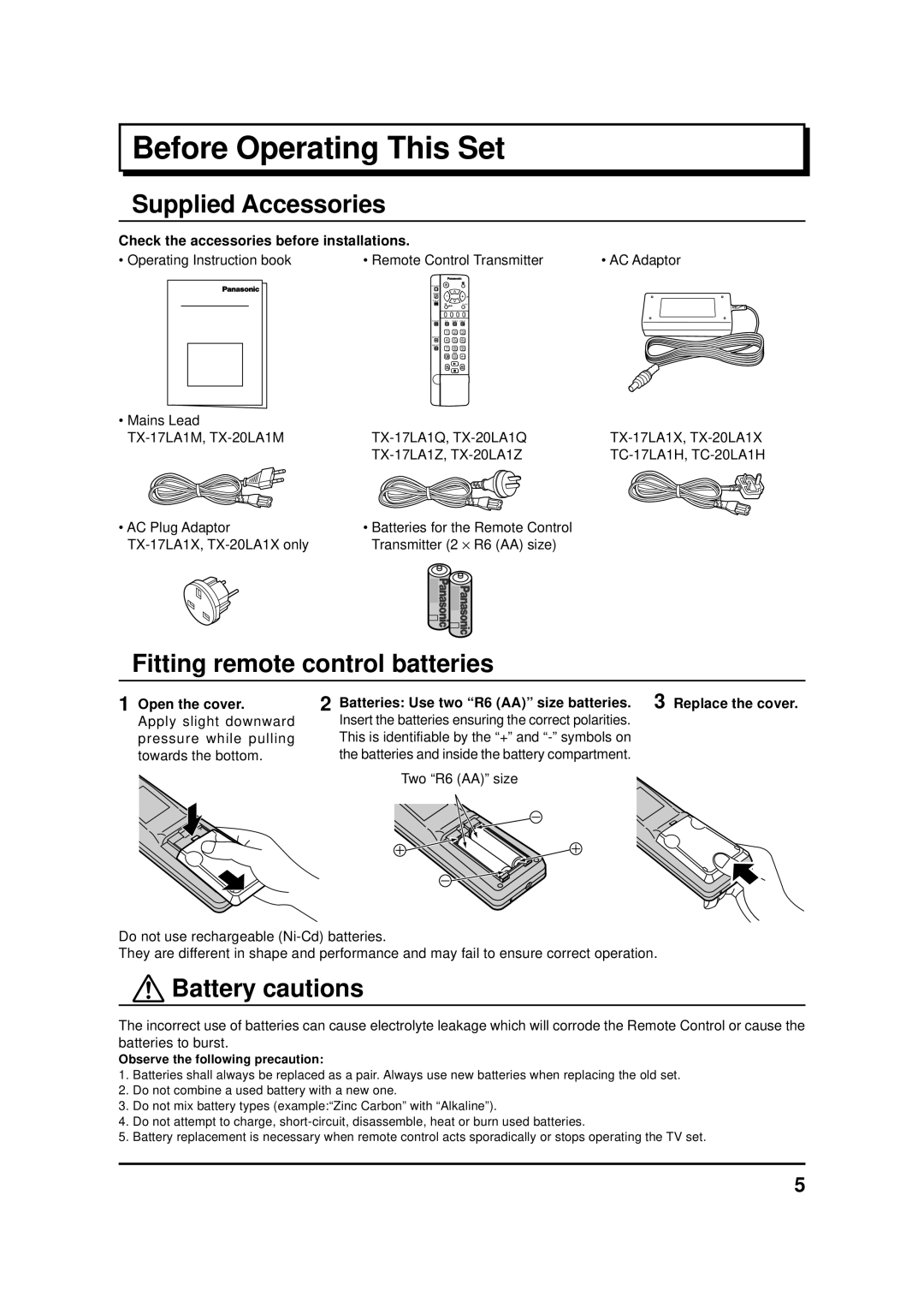 Panasonic TX-17LA1X Before Operating This Set, Supplied Accessories, Fitting remote control batteries, Battery cautions 