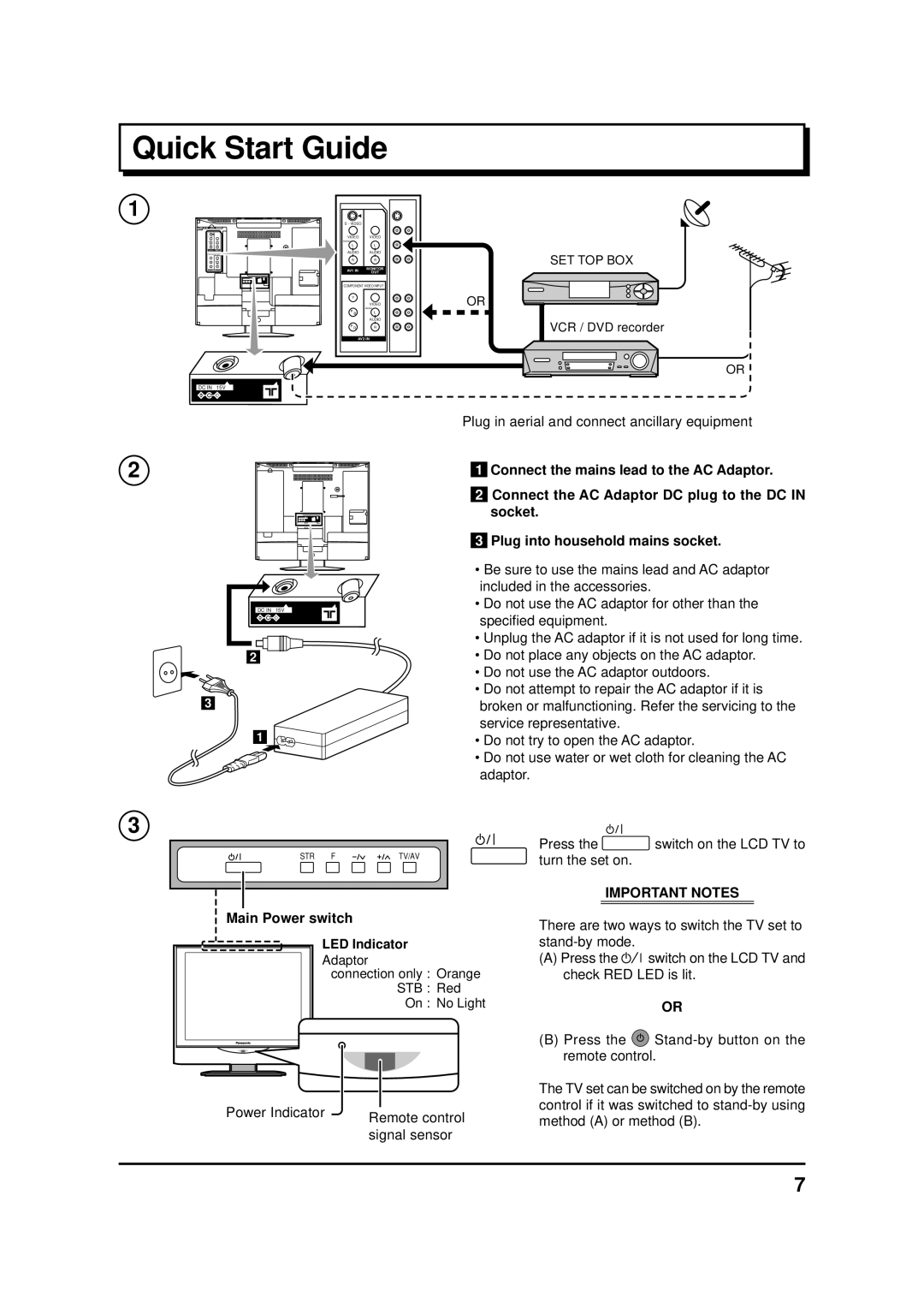 Panasonic TX-17LA1Q, TC-20LA1H, TC-17LA1H, TX-17LA1Z, TX-20LA1Z manual Quick Start Guide, Main Power switch, Important Notes 