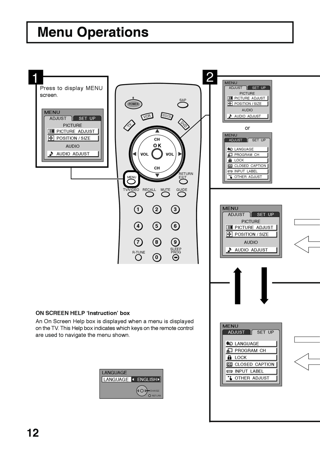 Panasonic TC 22LH30 operating instructions Menu Operations, Press to display Menu screen, On Screen Help ‘Instruction’ box 