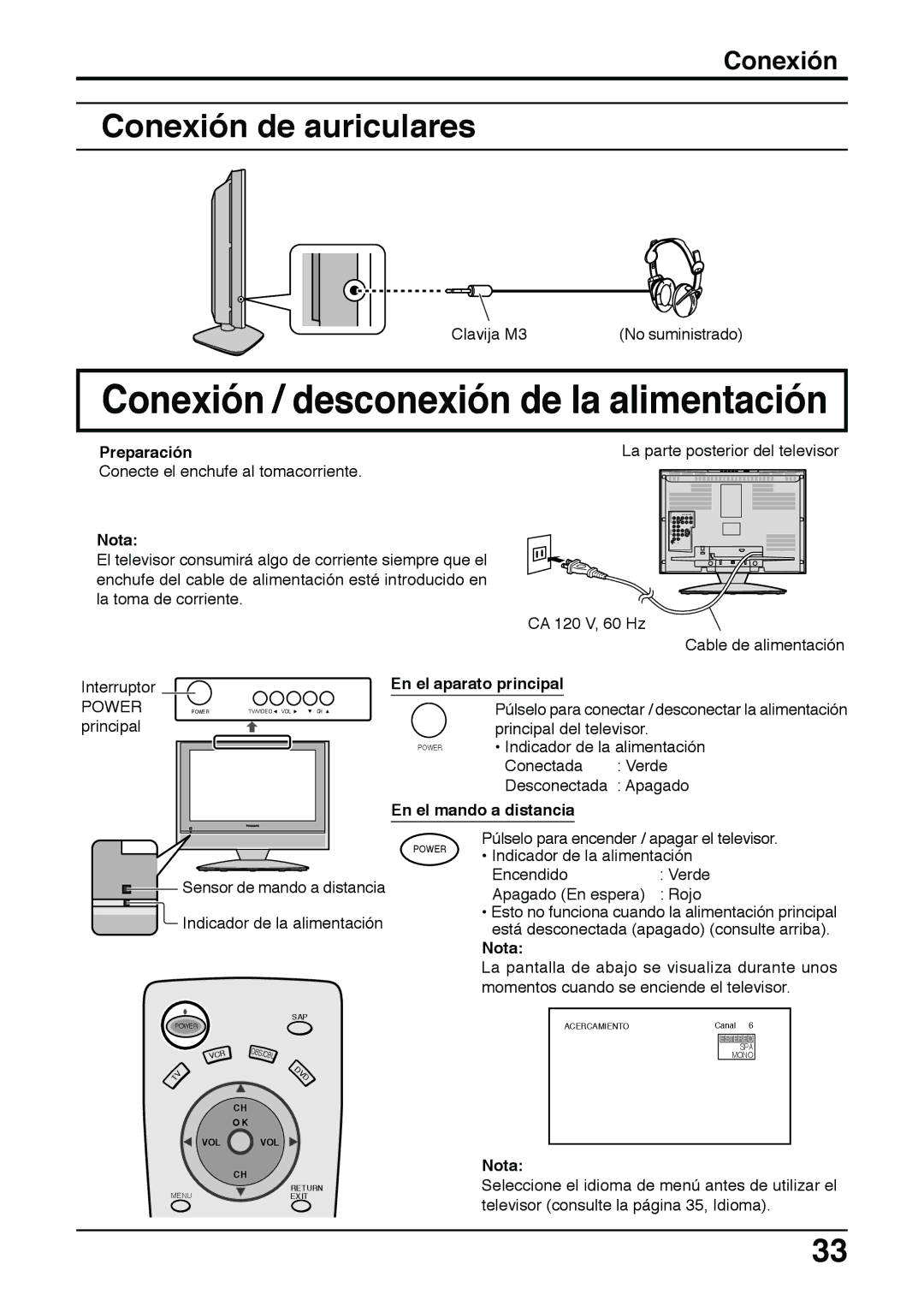 Panasonic TC 22LH30 operating instructions Conexión / desconexión de la alimentación, Conexión de auriculares, Preparación 