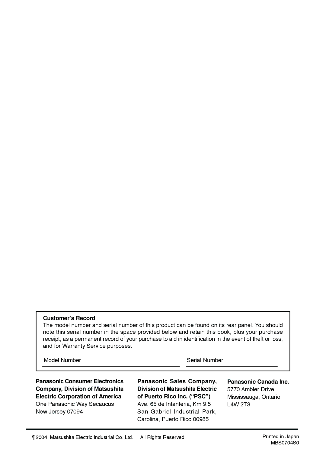 Panasonic TC 22LH30 Customer’s Record, Ambler Drive, Electric Corporation of America Puerto Rico Inc. PSC 