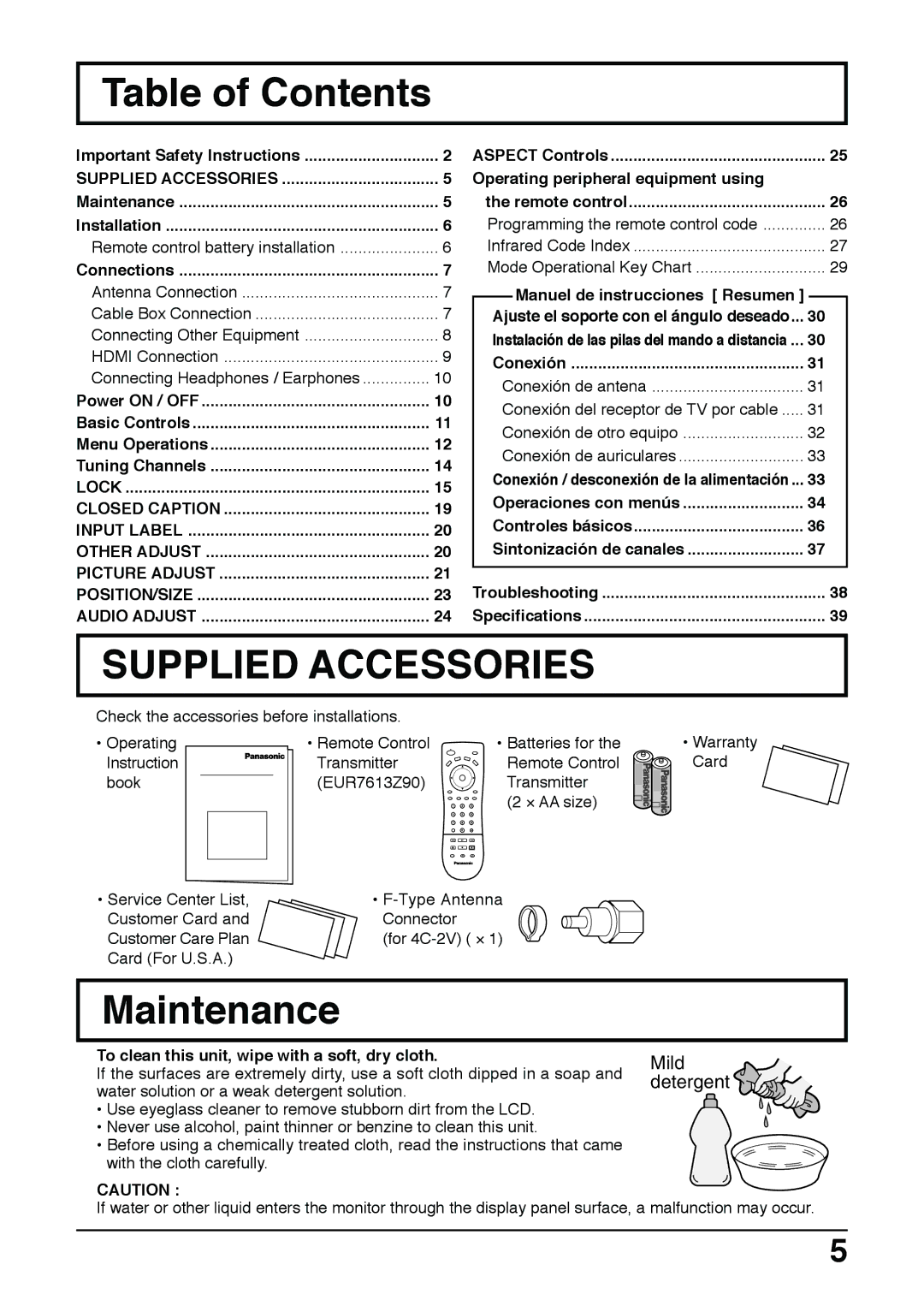 Panasonic TC 22LH30 operating instructions Table of Contents, Supplied Accessories, Maintenance 