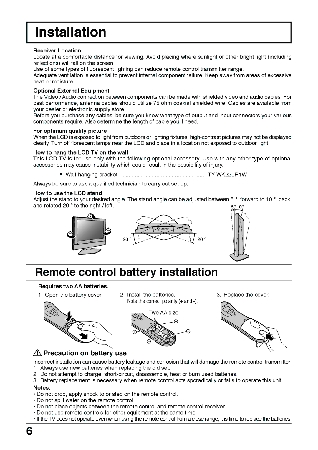 Panasonic TC 22LH30 operating instructions Installation, Remote control battery installation, Precaution on battery use 