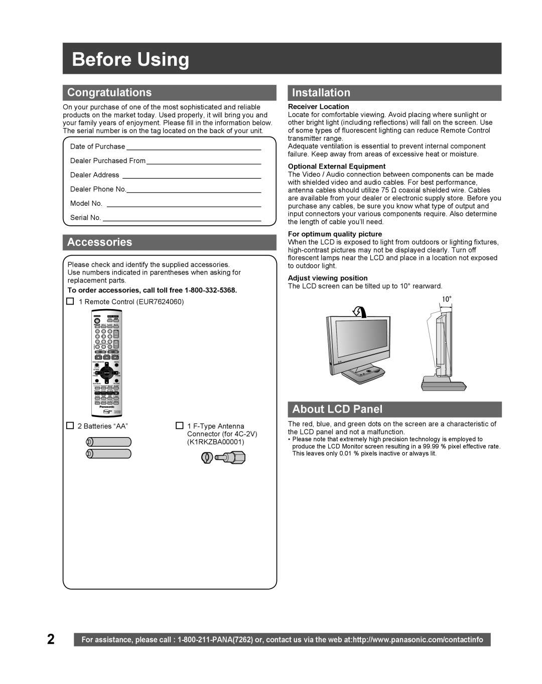 Panasonic TC 22LR30 manual Before Using, Congratulations, Accessories, Installation, About LCD Panel 