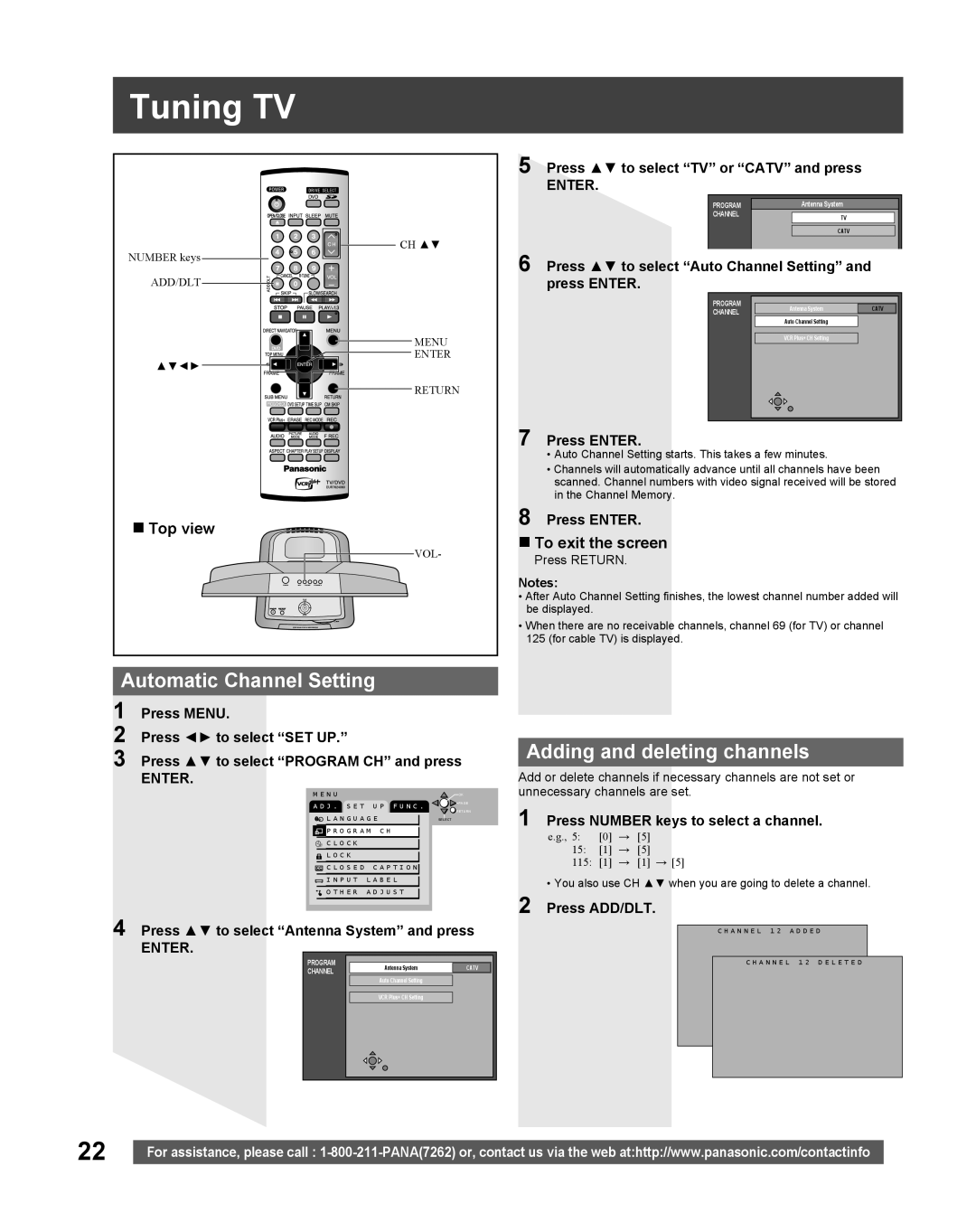 Panasonic TC 22LR30 manual Tuning TV, Automatic Channel Setting, Adding and deleting channels, To exit the screen 