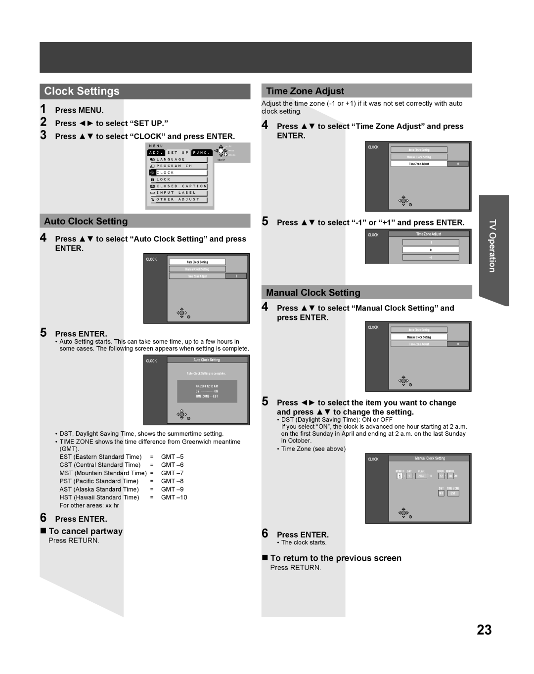 Panasonic TC 22LR30 manual Clock Settings, Auto Clock Setting Time Zone Adjust, Manual Clock Setting, To cancel partway 