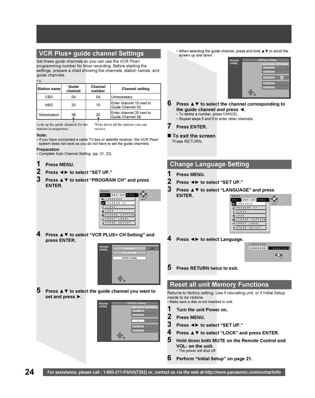 Panasonic TC 22LR30 manual VCR Plus+ guide channel Settings, Change Language Setting, Reset all unit Memory Functions 