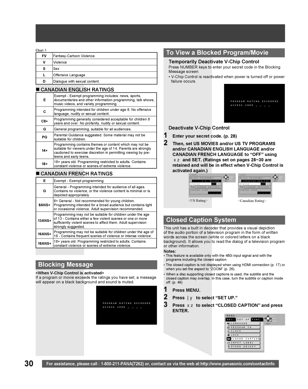 Panasonic TC 22LR30 Blocking Message, To View a Blocked Program/Movie, Closed Caption System, Deactivate V-Chip Control 